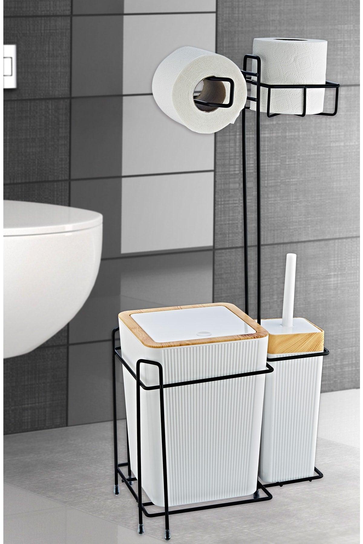 Wooden Coated Luxury Bathroom Set with Metal Stand - Dustbin, Wc Brush and Wc Paper Holder - Swordslife