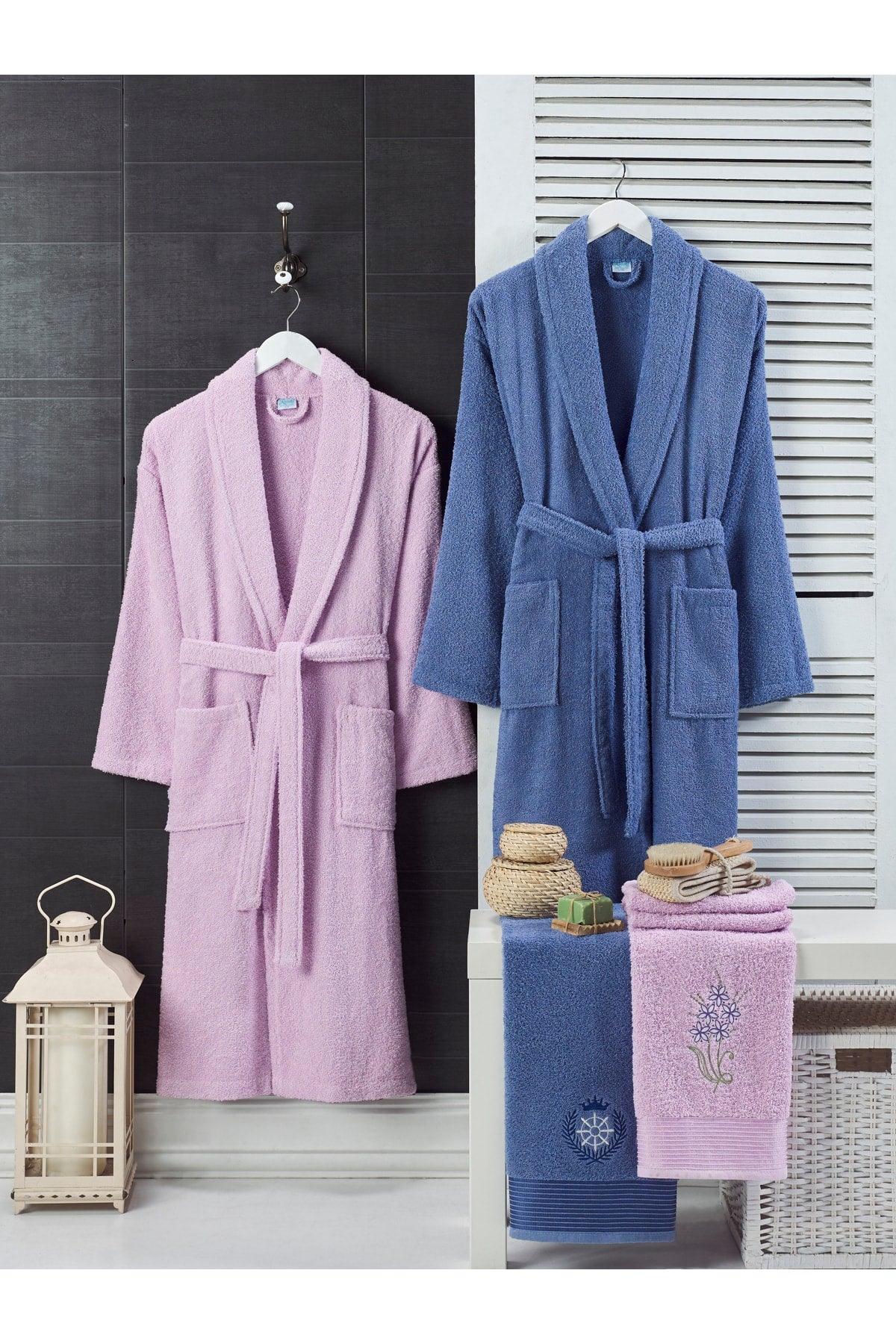 100% Cotton Embroidered 4-Piece Family Bathrobe Set | Bathrobe Set | Dowry Set | Lilac | Navy blue - Swordslife