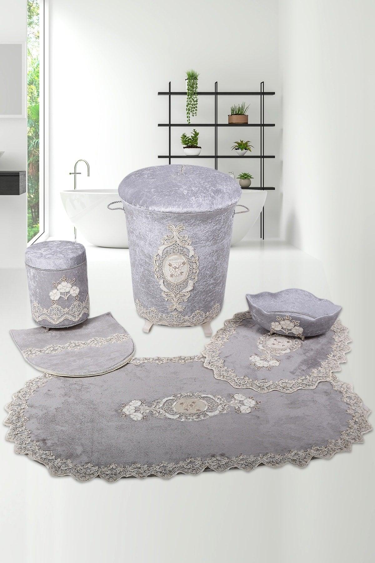 Gray Lisa Dowry Bathroom Dirty Laundry Basket and Bath Mat Set 6 Pieces - Swordslife