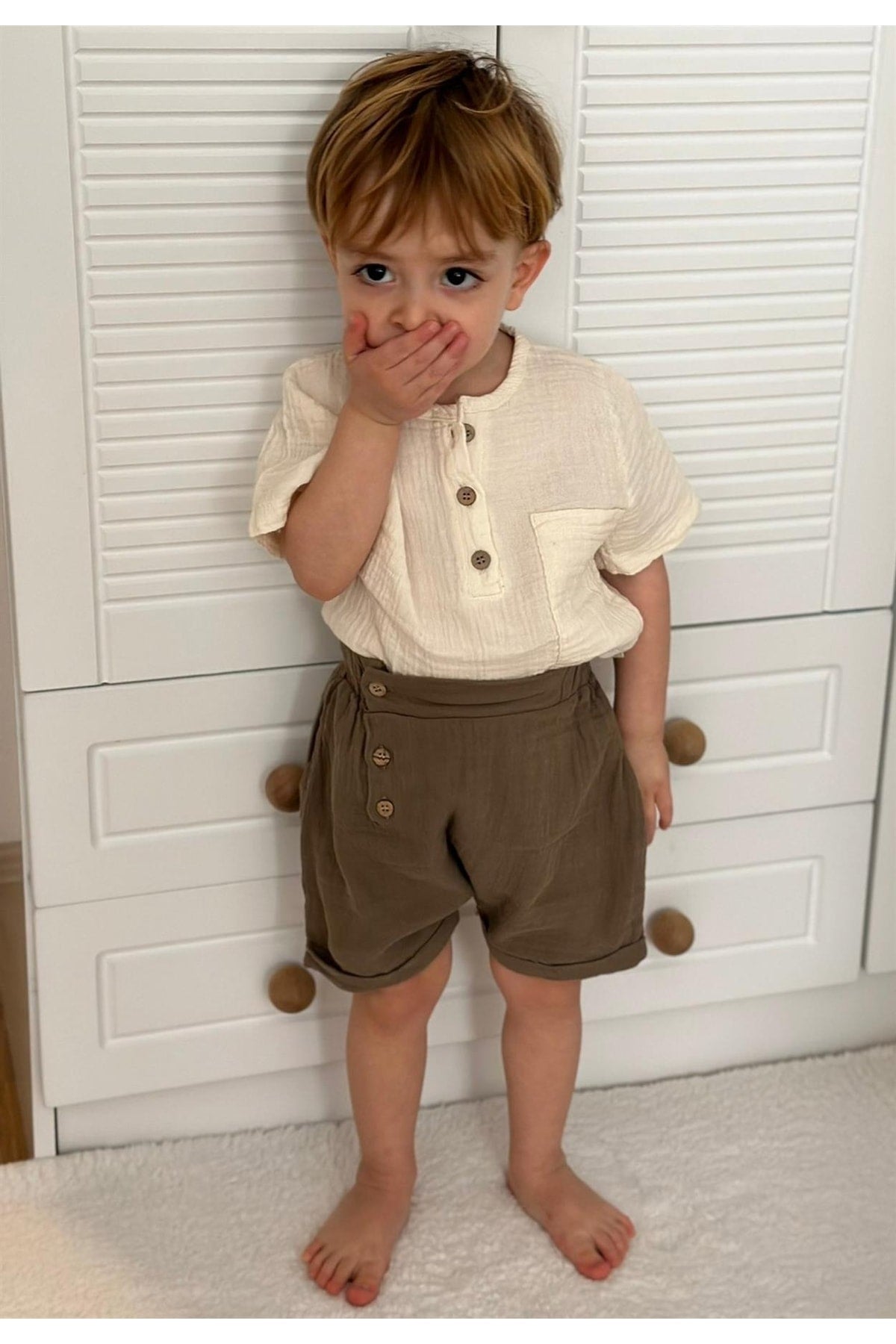 Organic Half Pop Shirt Shorts Set 1-5 Age Cream/dark Beige