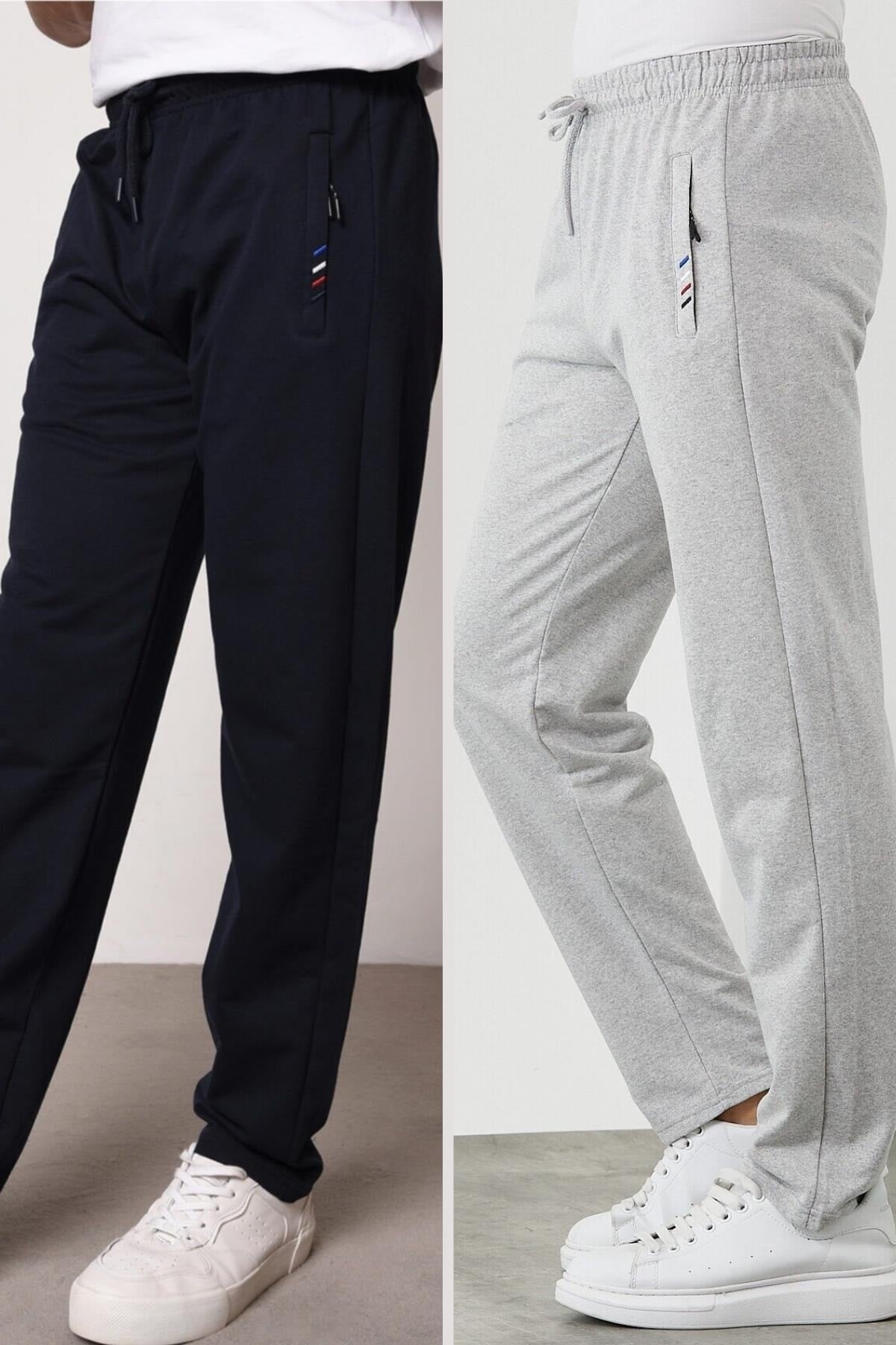 Navy Blue-Grey Men's Zipper Pocket Embroidery Detailed Straight Leg Relaxed Cut 2-Pack of Sweatpants