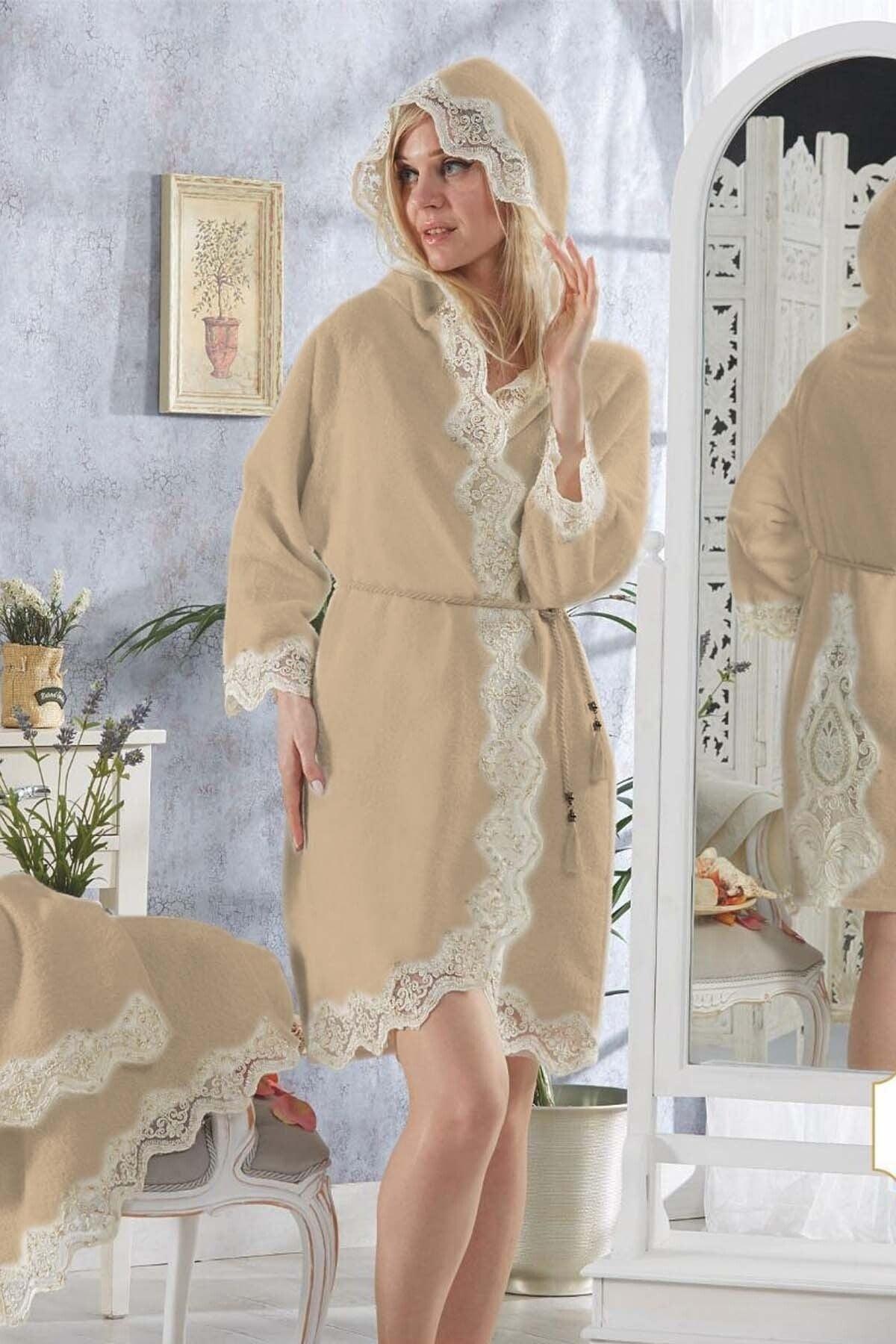 Monalisa Cappuccino Ladies French Lace Honeymoon Dowry Turkish Bath Robe Set - Swordslife