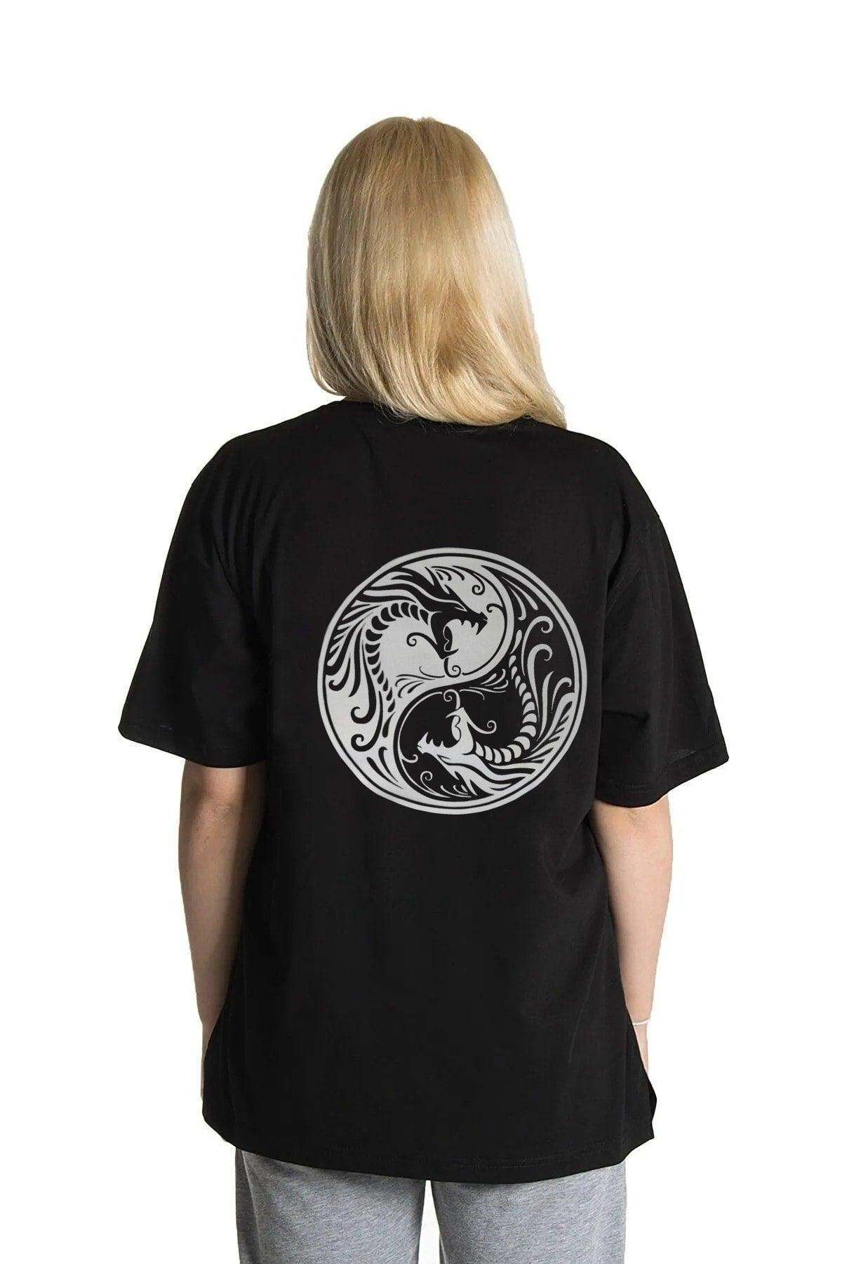 Unisex Oversize Dragon Ying Yang Reflector Printed T-shirt - Swordslife