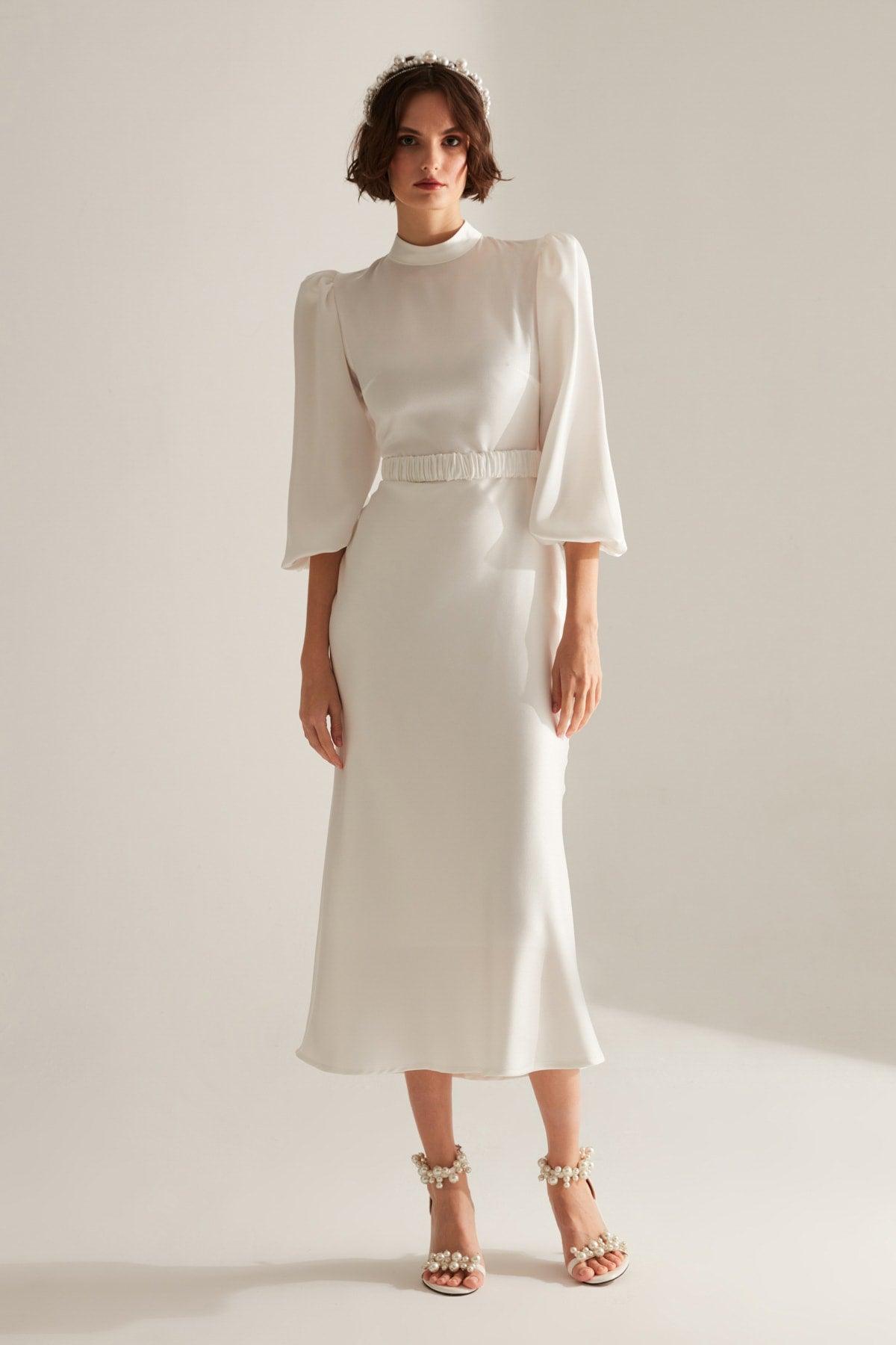 Judge Collar White Long Balloon Sleeve Evening Dress - Swordslife