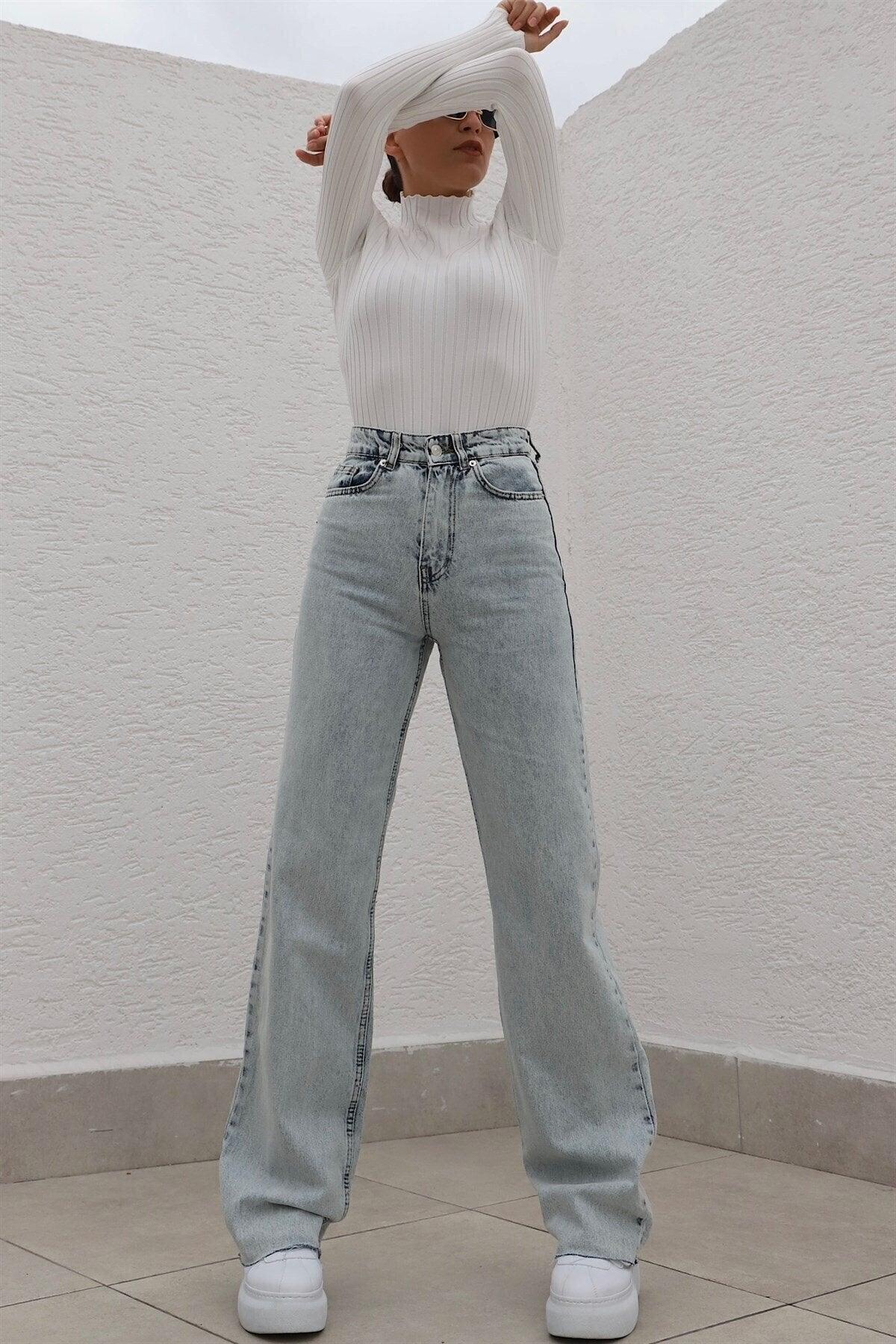 Quinn Lycra Women Ice Blue Super High Waist Wide Leg Denim Jeans Palazzo Pants - Swordslife