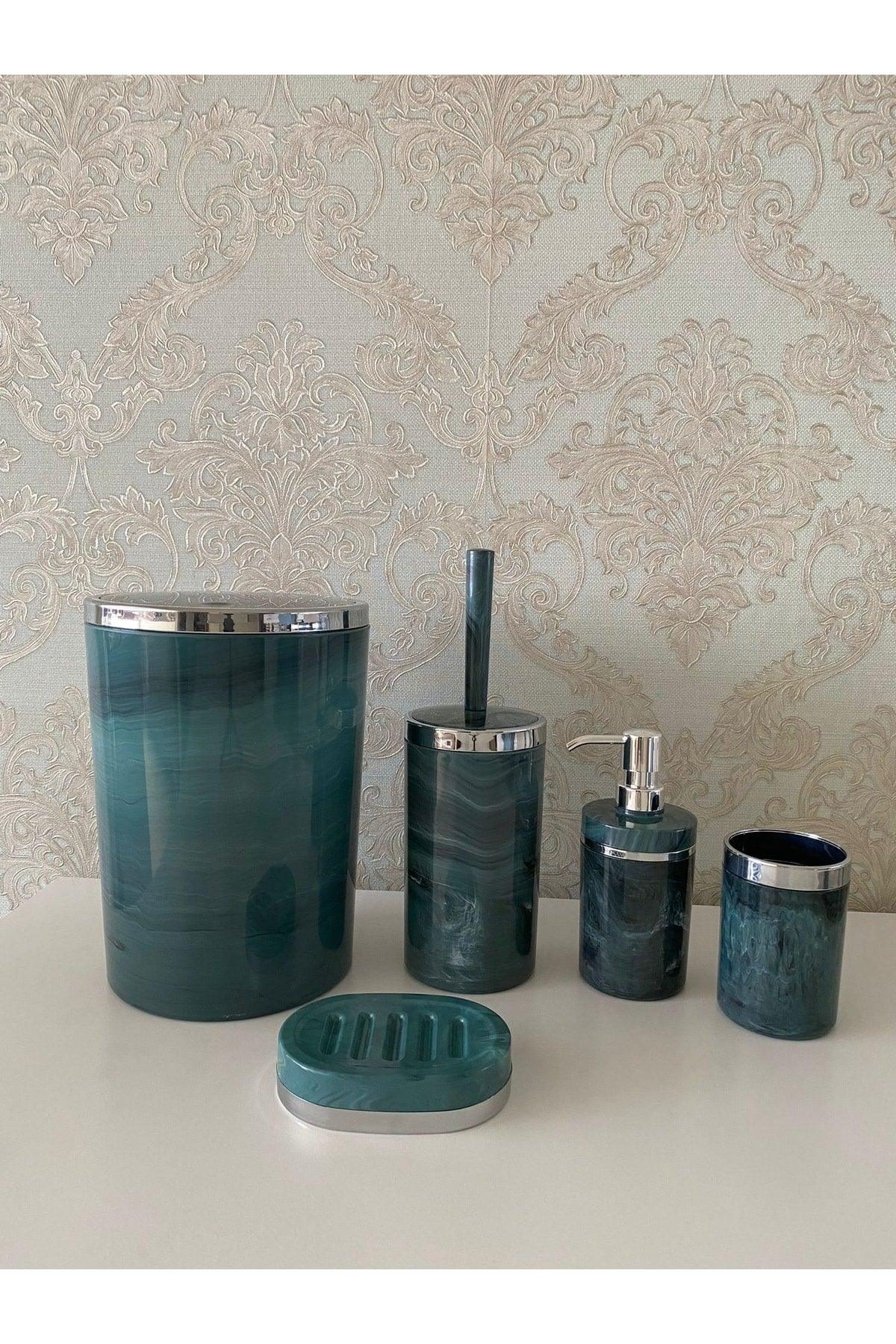 5 Pieces Marble Pattern Silver Bathroom Set / Wc Brush Holder, Liquid - Solid Soap Dispenser, Trash Can, Toothbrush Holder - Swordslife