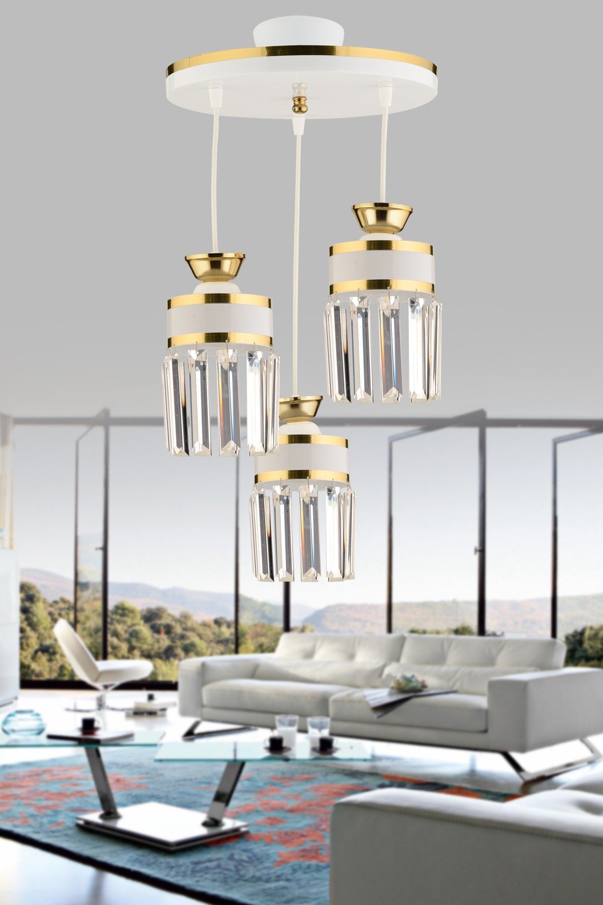 Eylül 3-Piece Pendant Lamp Crystal Stone Tray White Yellow Gilded Modern Luxury Chandelier