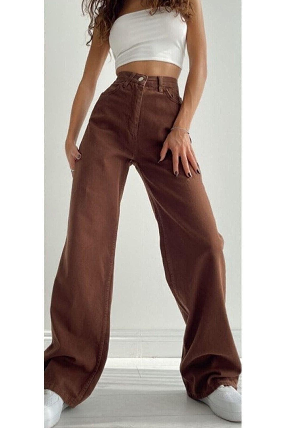 Elena Power Lycra Loose Women Light Brown High Waist Wide Leg Denim Jeans - Swordslife