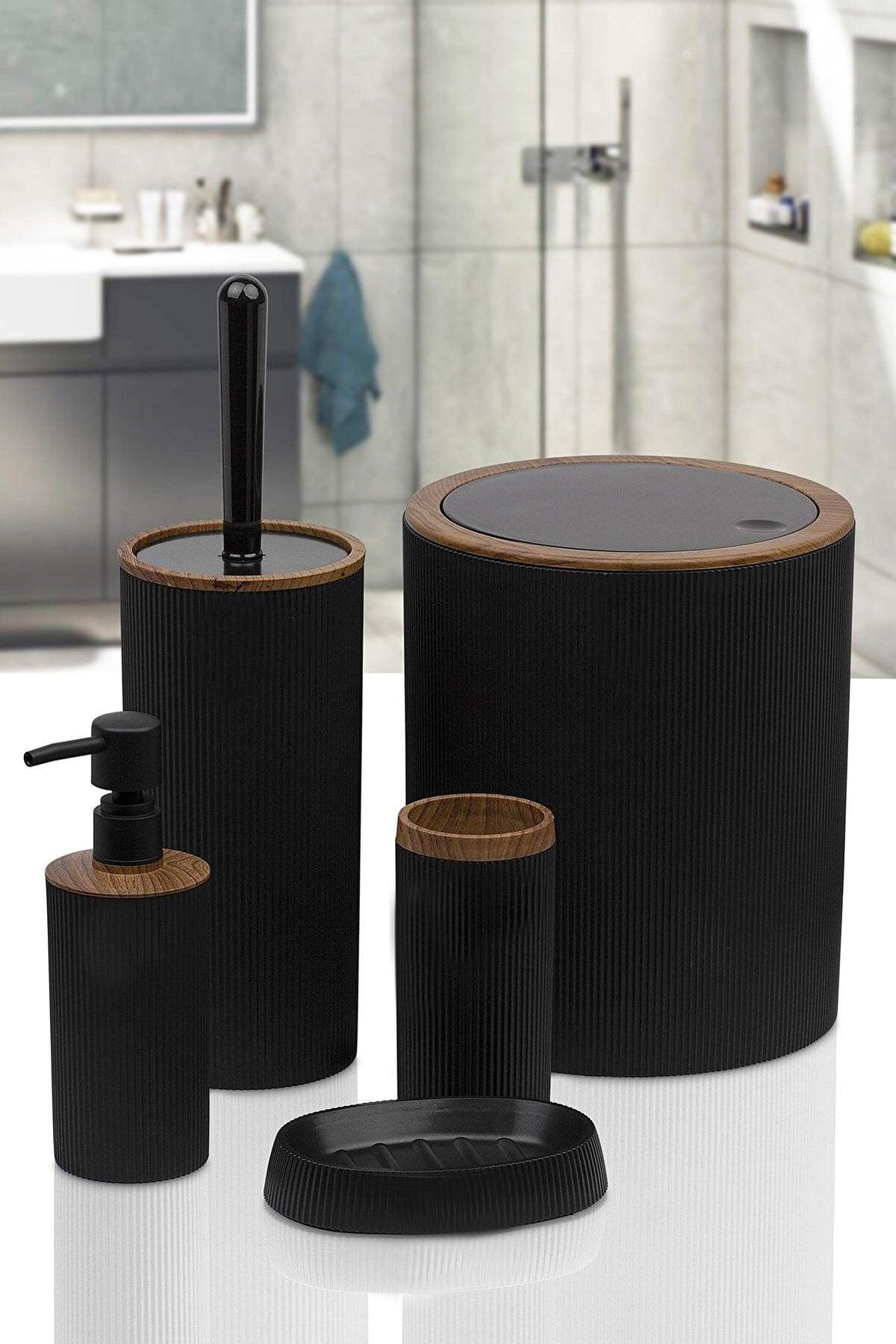 Trash Can Toilet Brush Soap Dispenser Toothbrush Holder Solid Soap Holder 5 Pieces Bathroom Set Black S-430-3-s - Swordslife