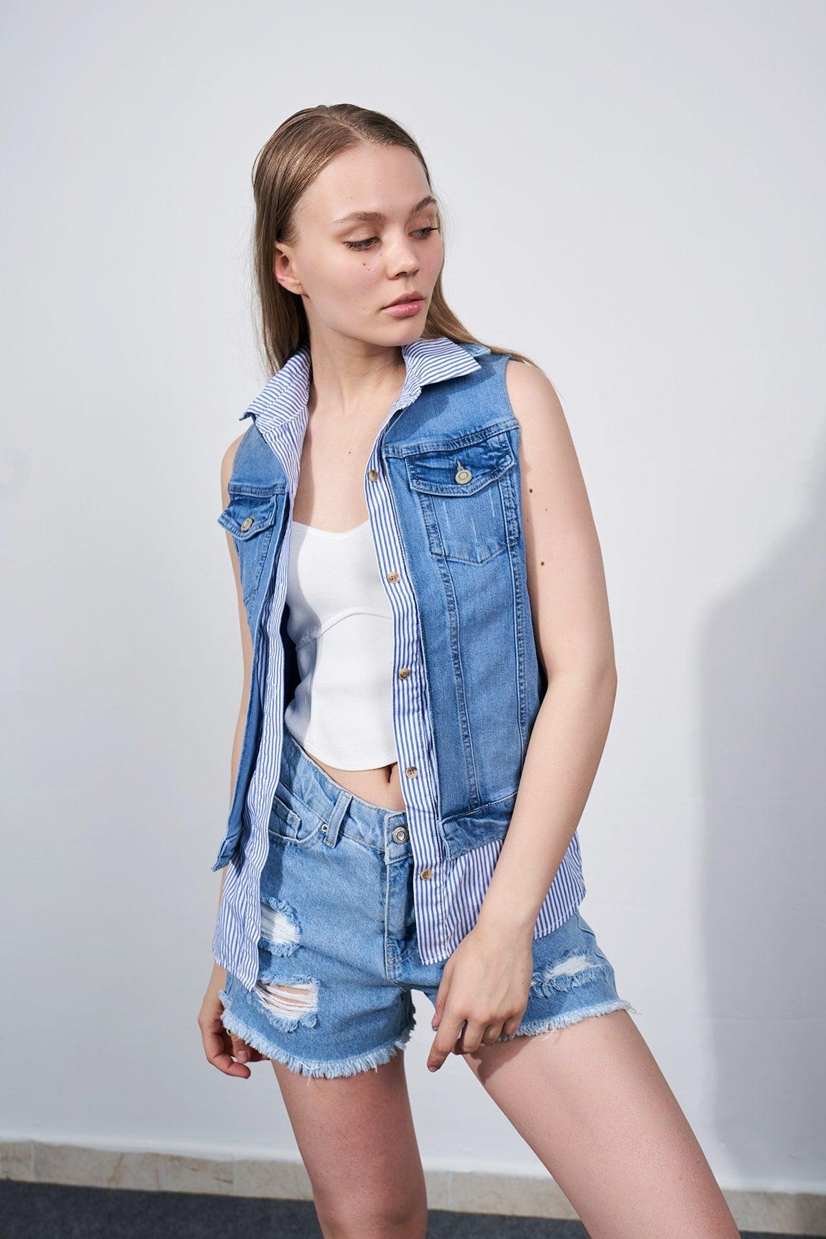 Women's Denim Jacket Vest Shirt Detailed Summer Jacket Sleeveless Denim Jacket - Swordslife