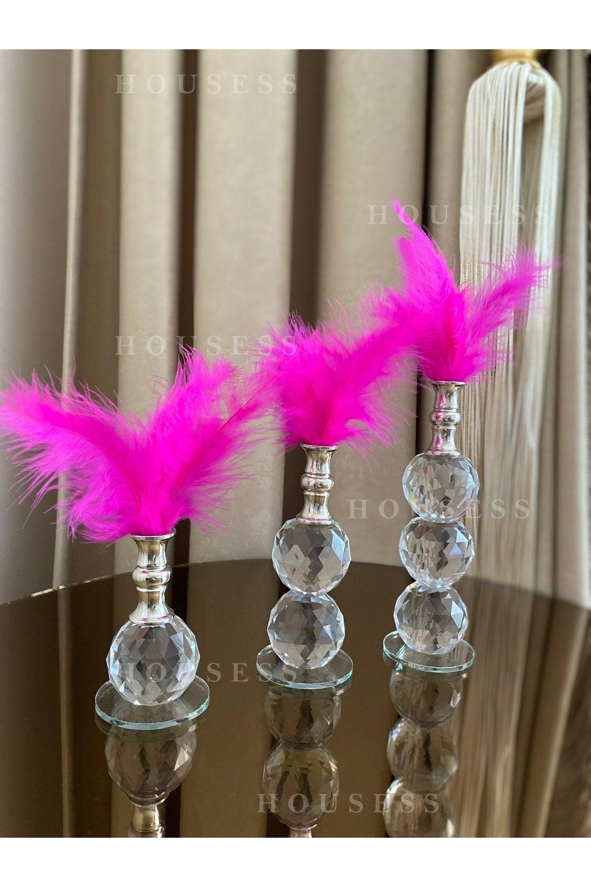 Set of 3 Fuchsia Feathered Silver Crystal Ball Feather Decor Trinket Ornament - Swordslife