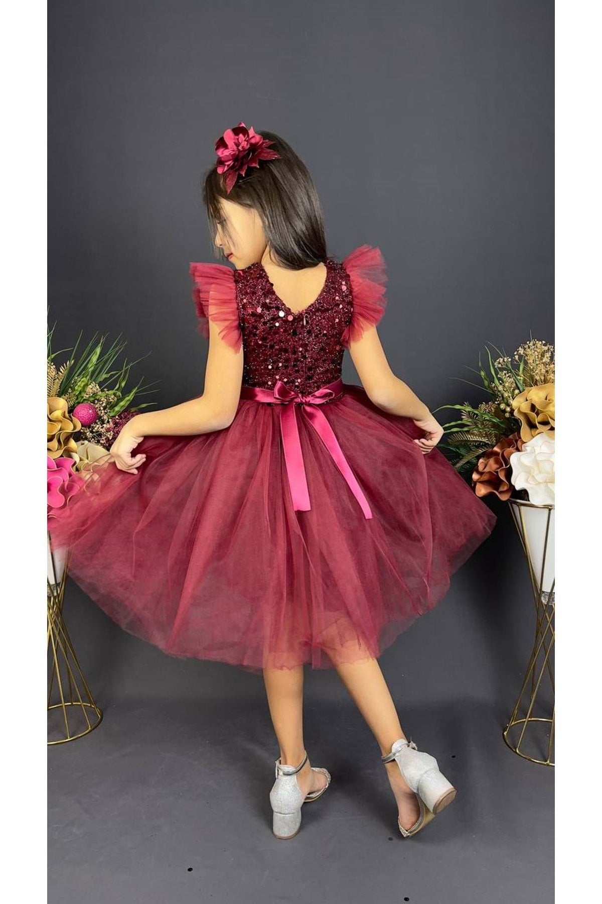 Earring Sequin Sequin Tulle Girl Child Dress MNK0526 MAROON