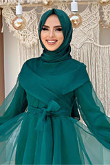 Women's Green (EMERALD) Belted Tulle Evening Dress T 4693 - Swordslife