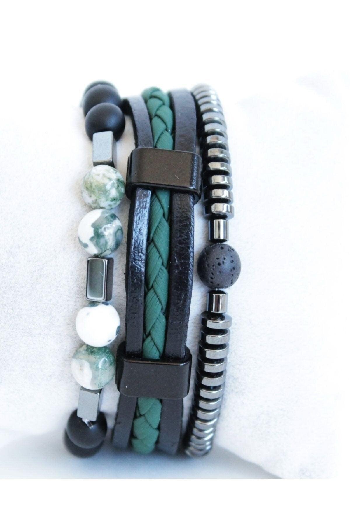 3 Pcs Bracelet Set Sequential Green Natural Stone, Green Leather Black Onyx Stone Bracelet - Swordslife