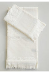 Etamine Embroidered Velvet Towel Mother and Girl 2 Pack Cream Color - Swordslife