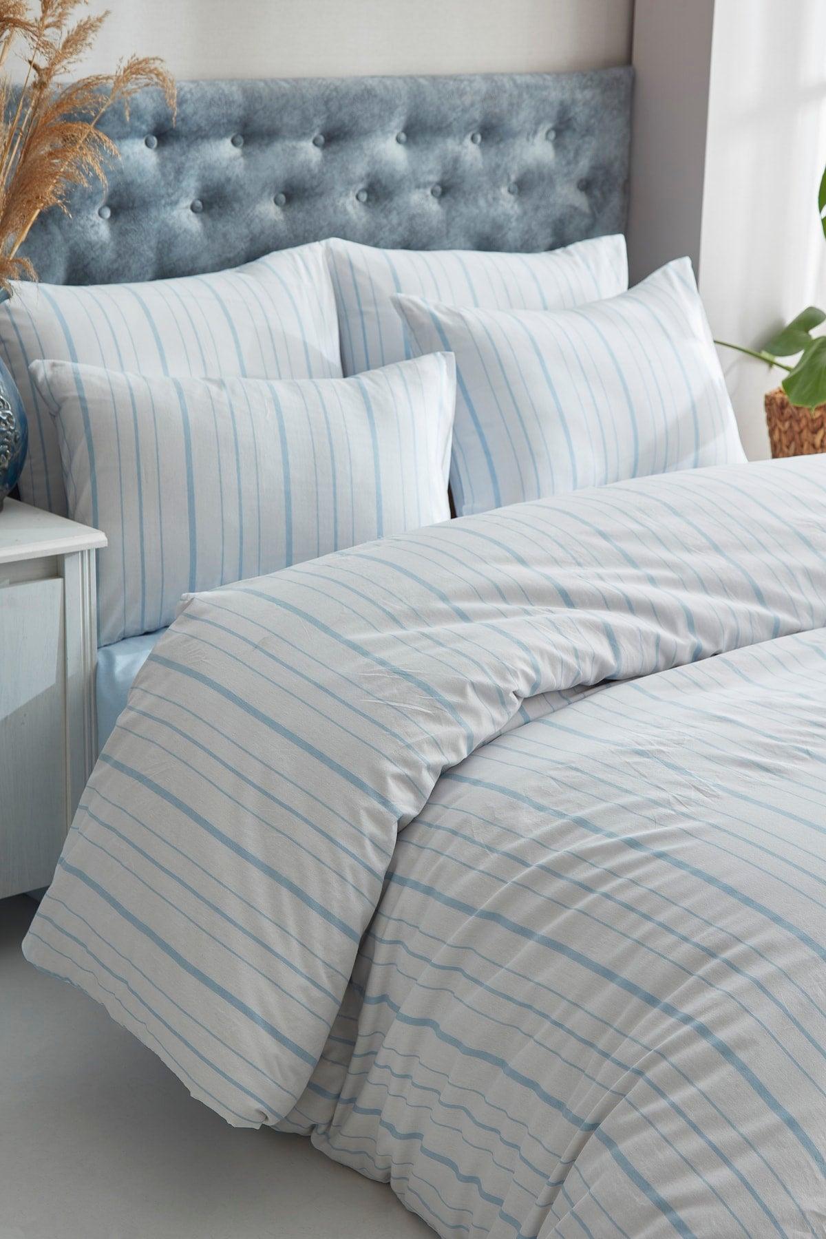 Striped Powder Blue Single Cotton Linen Duvet Cover Set - Swordslife