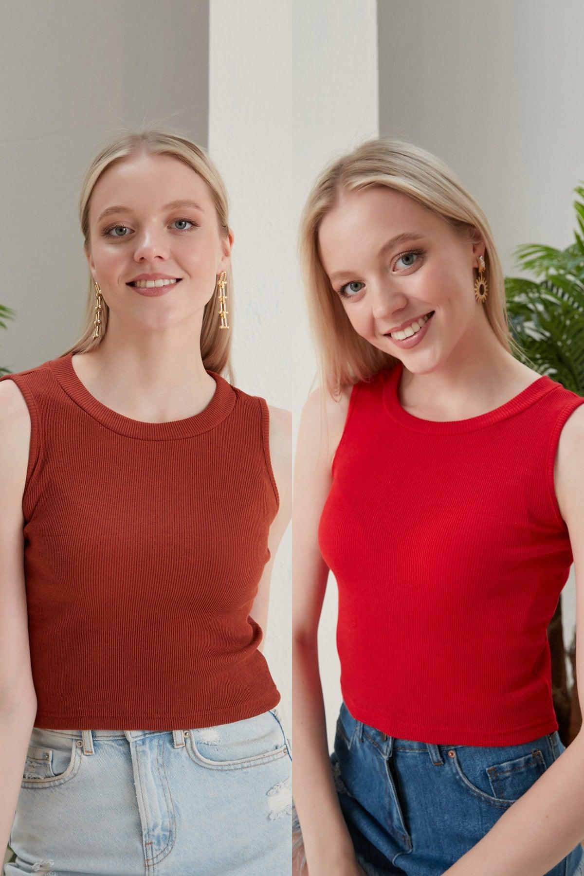 Women's Tile Red Halter Neck 2 Piece Crop Blouse - Swordslife