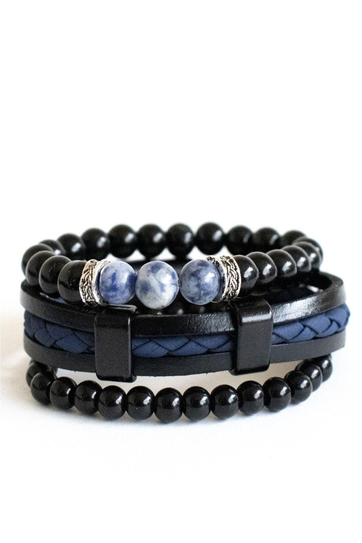 3 Pcs Bracelet Set Blue Sodalite Natural Stone, Blue Leather Black Onyx Stone Bracelet - Swordslife