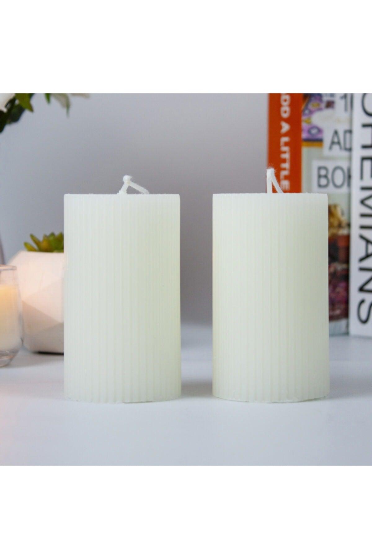 Corrugated Cylinder Set of 2 Candles 10 Cm Cream - Swordslife