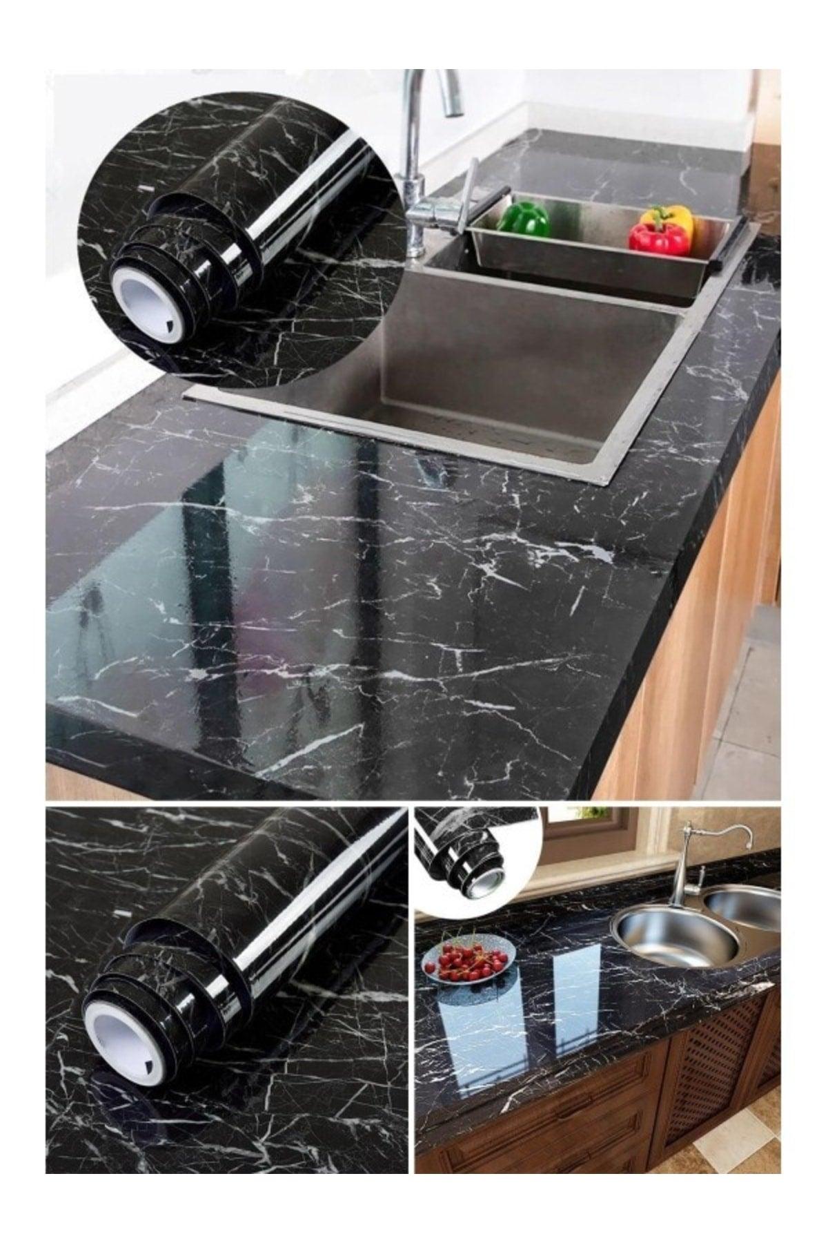 New Design Black Large Size 5mt Marble Patterned Adhesive Foil Tiles Kitchen Cabinet Covering Paper - Swordslife