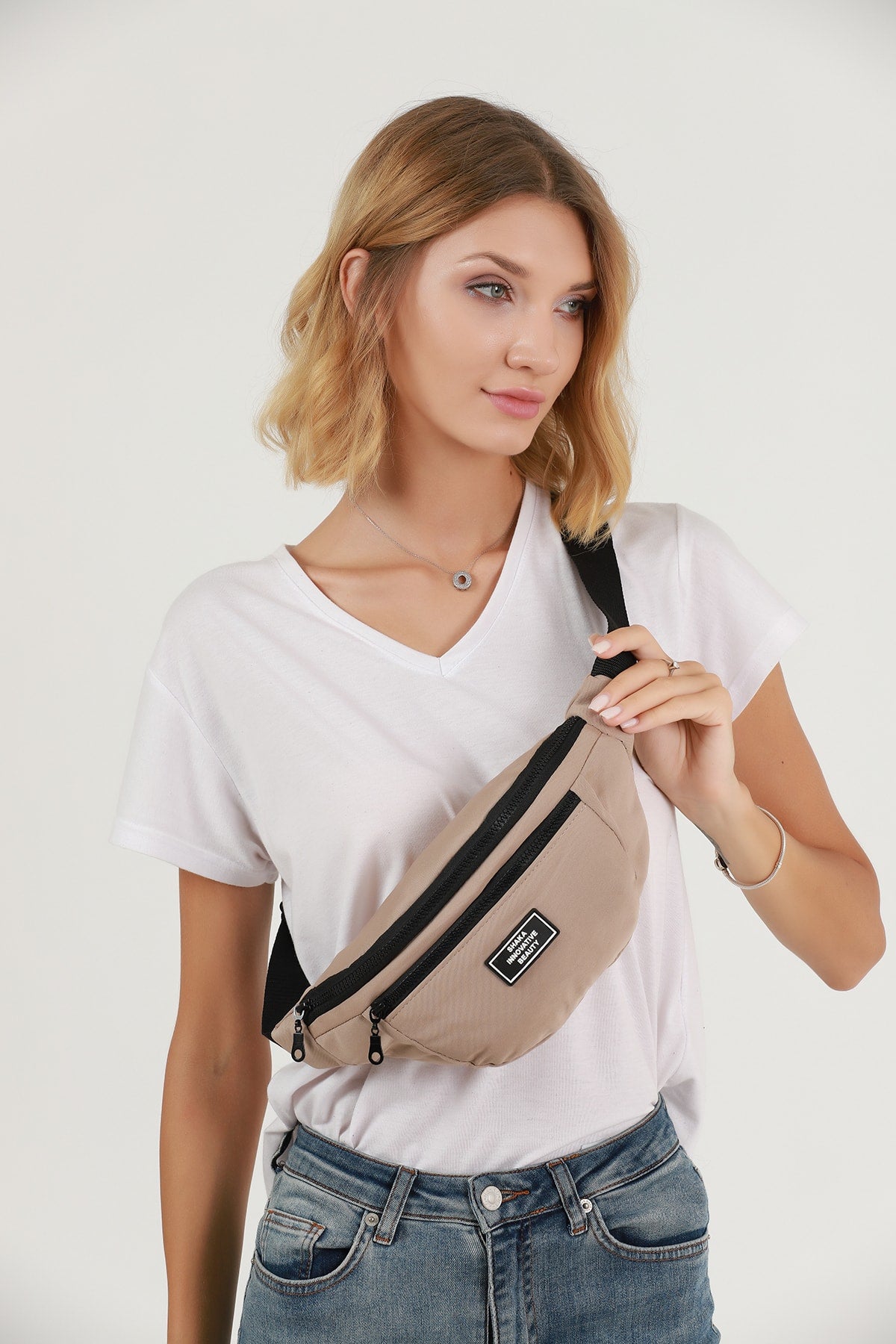 Beige U8 2-Compartment Adjustable Cross Strap Canvas Unisex Waist And Shoulder Bag E:38 B:17 G:7