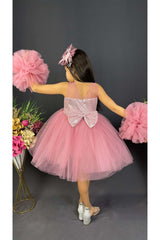 Chiffon Robe Pompom Sleeve Sequined Girls Fluffy Skirt Tulle Evening Dress Dark Pink