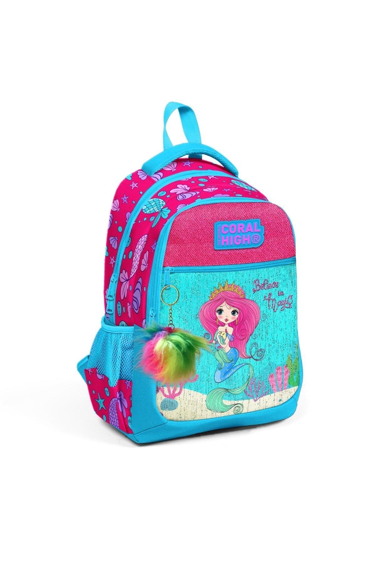 Kids Blue Pink Mermaid Pattern Three Compartment School Backpack 23476