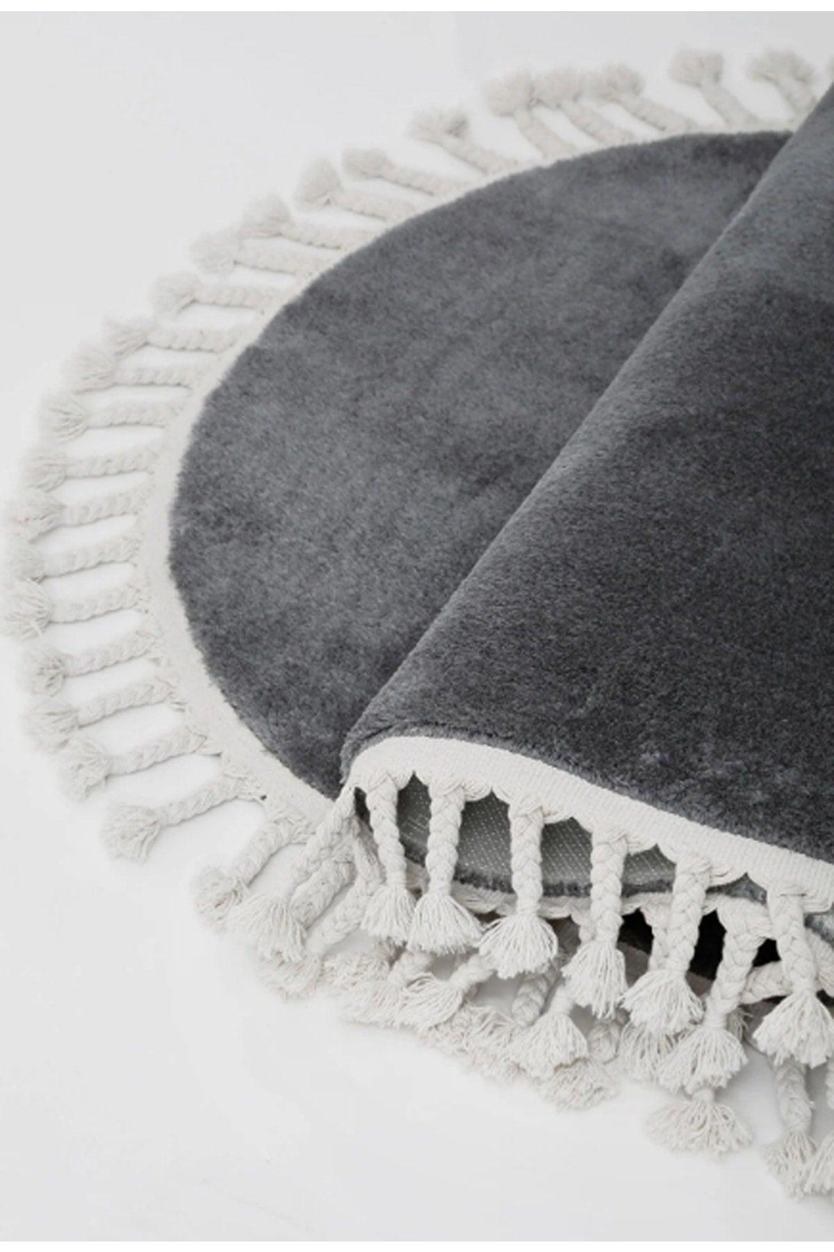 Dinarsu Tasseled Single Round Post Plush Carpet Non-Slip Base Anthracite Fringed 100 Cm - Swordslife