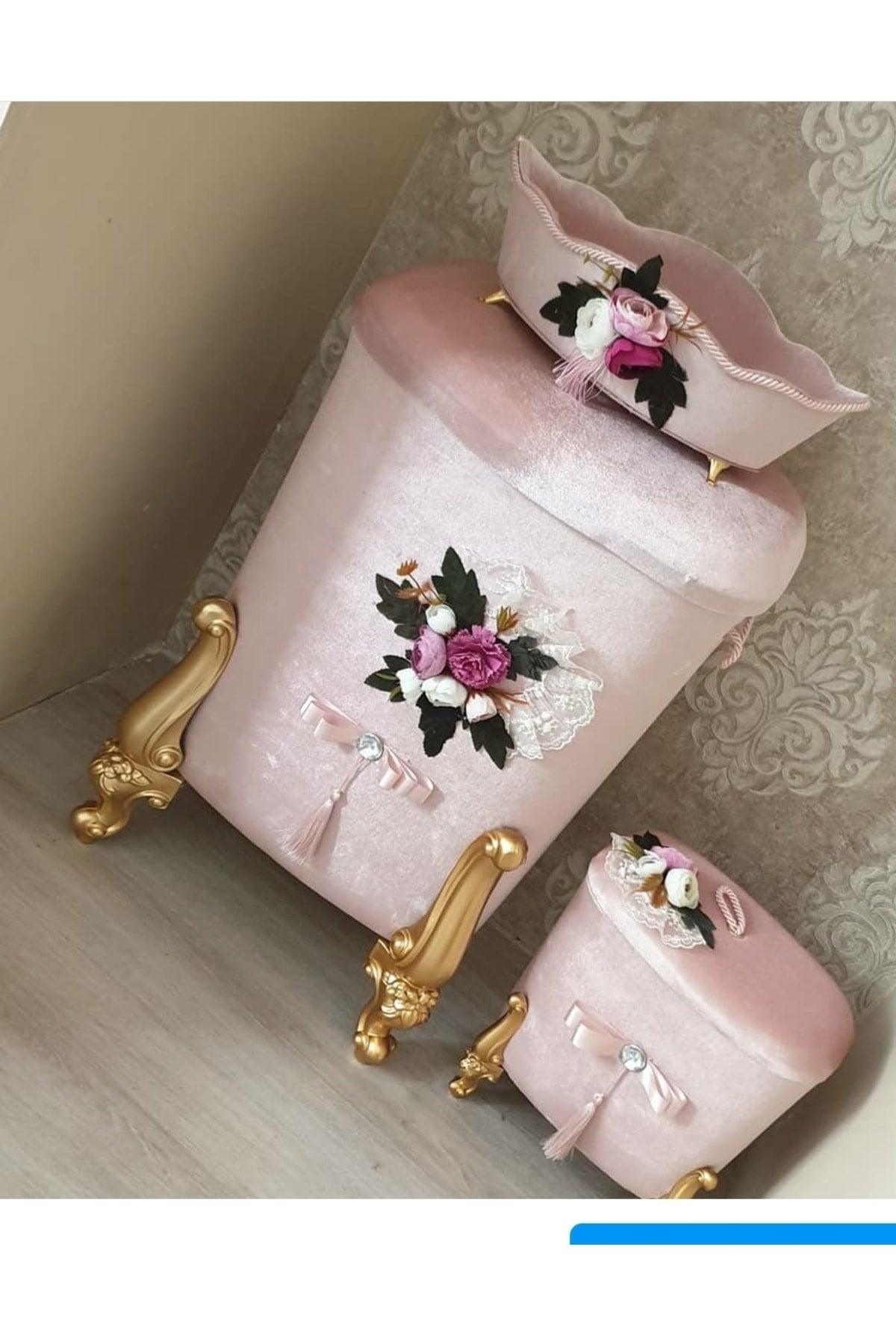 Asil Home Cornered Powder Floral 3-Piece Velvet Dowry Lacy Bathroom Dirty Laundry Basket Set - Swordslife