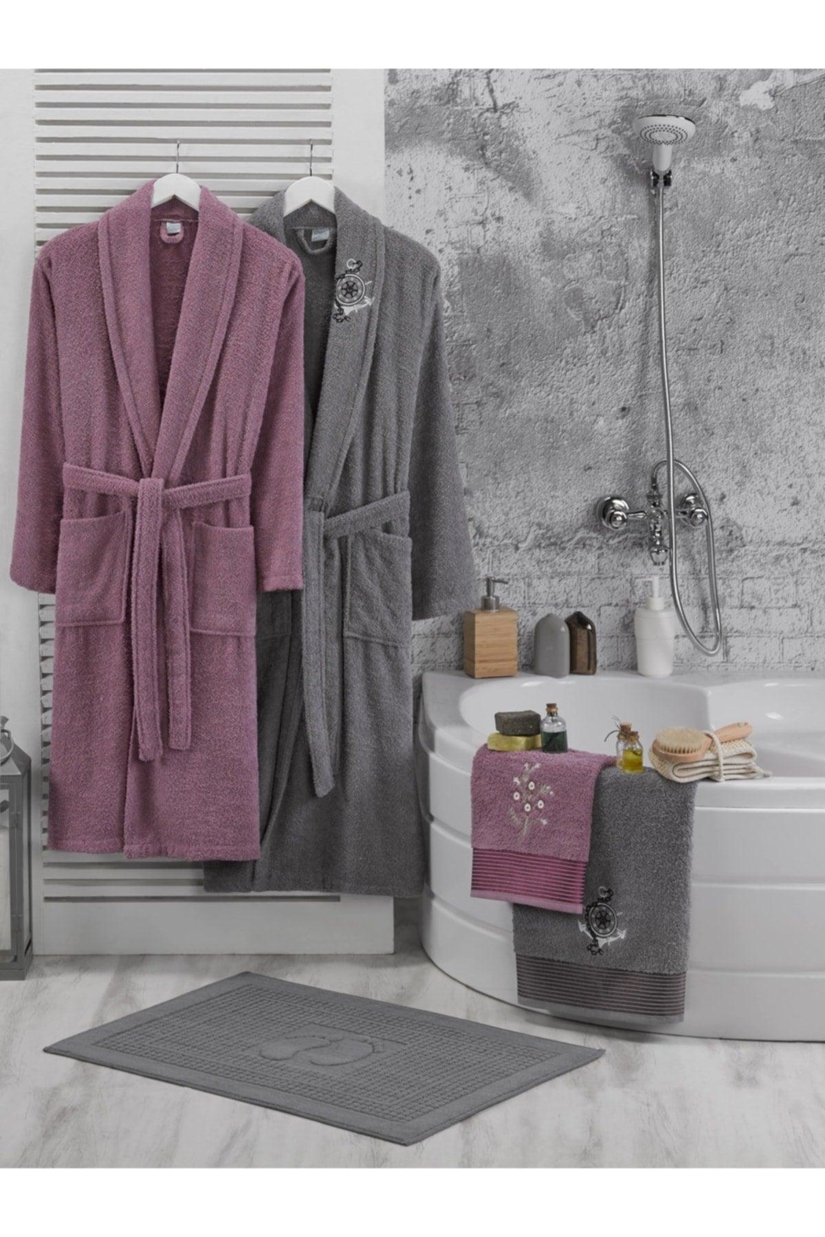 5 Piece Cotton Family Bathrobe Set | Bathrobe Set | Dowry Set | Plum And Gray Color - Swordslife