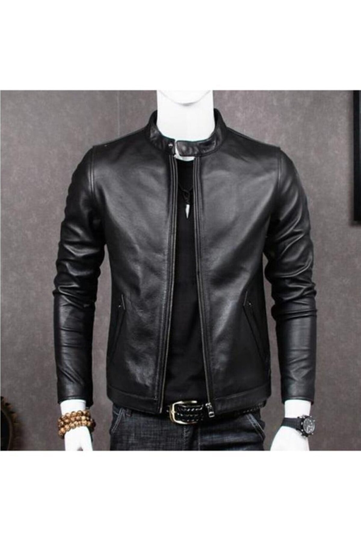 Genuine Leather Black British Collar Sport Men'S Leather Jacket