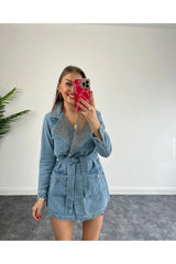 Belted Collar Stone Long Denim Jacket - Swordslife