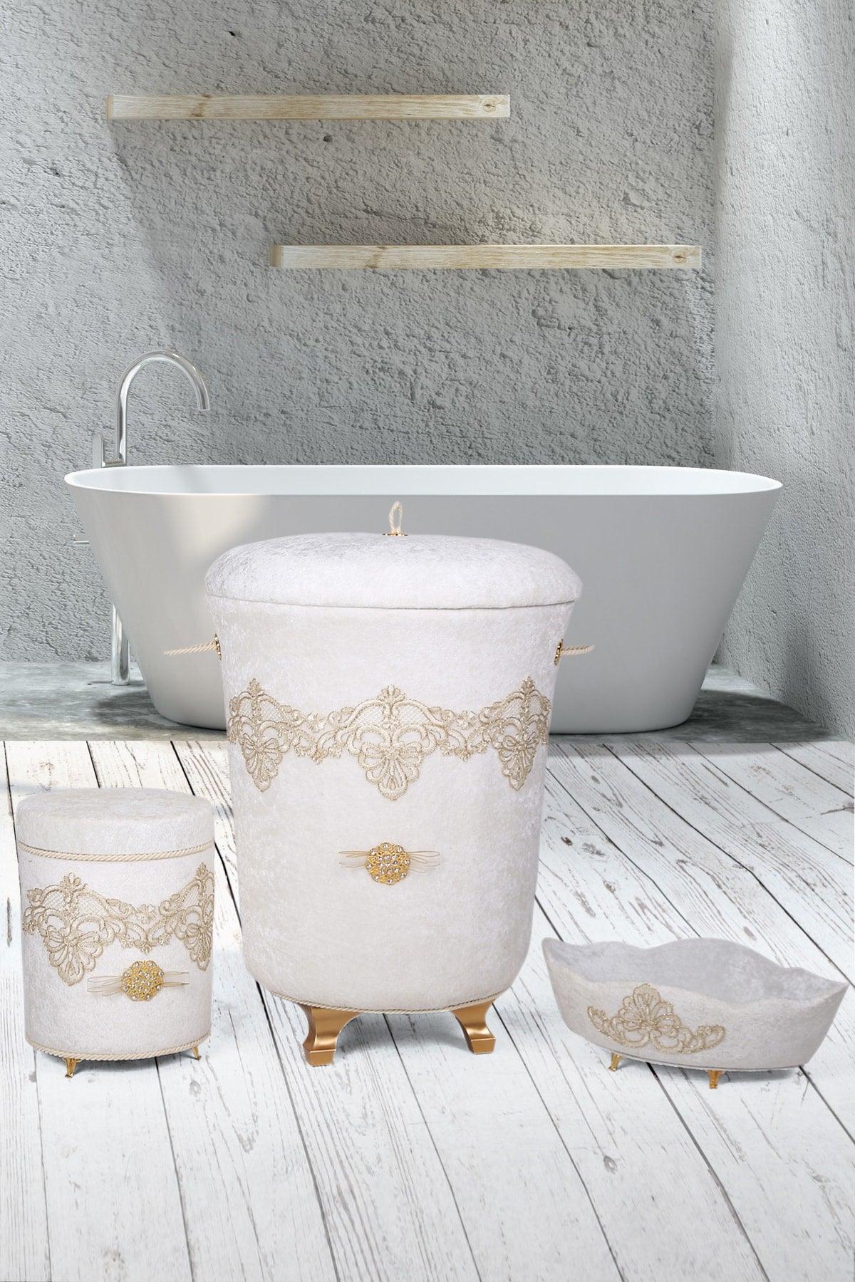 Cream Velvet Dowry Lacy Bathroom Dirty Laundry Basket Set of 3 - Swordslife