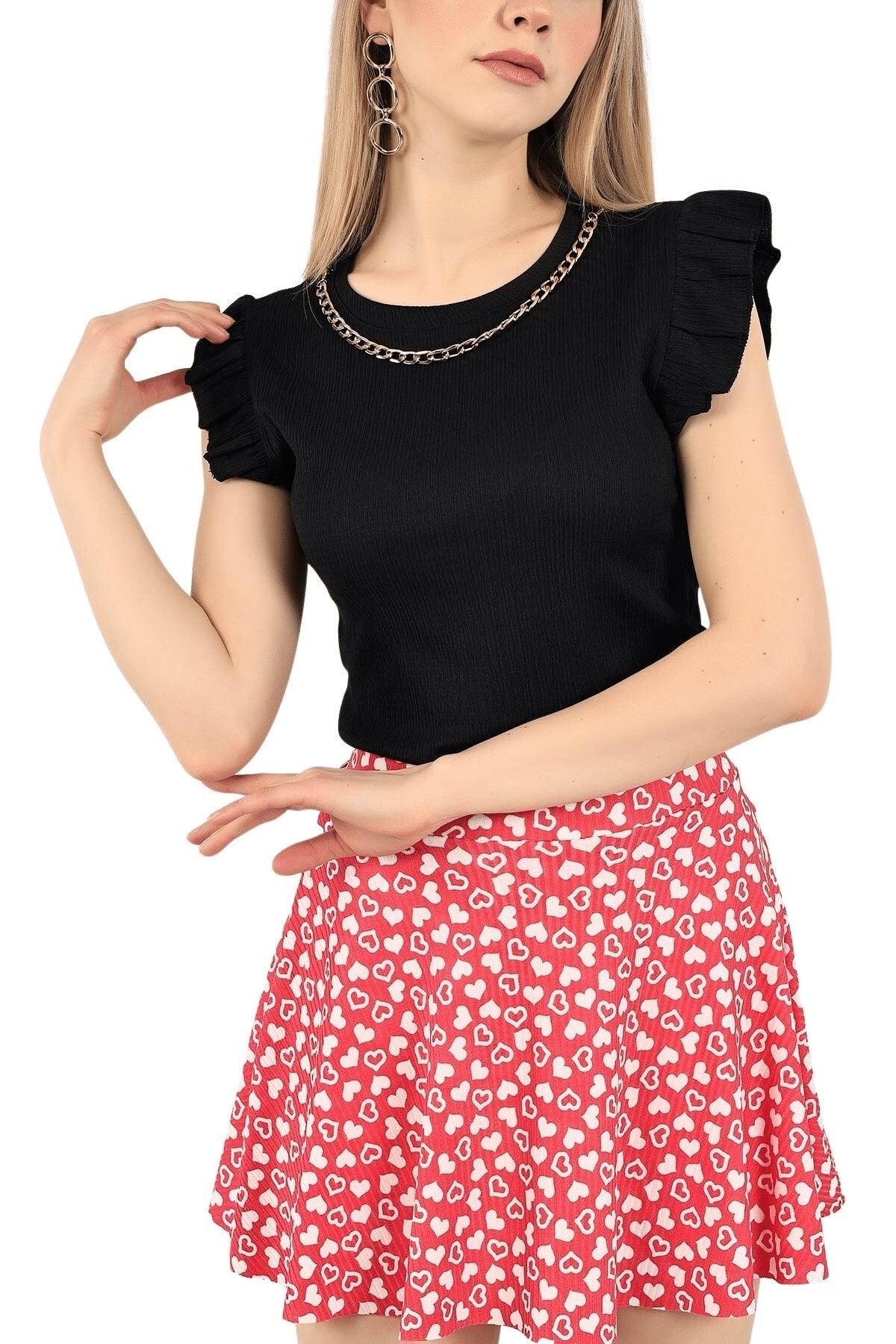 Women's Black Chain Sleeve Ruffle Knitted Blouse - Swordslife