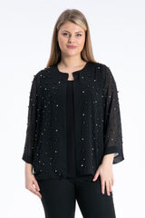 Plus Size Ribbed Short Black Jacket With Pearls - Swordslife