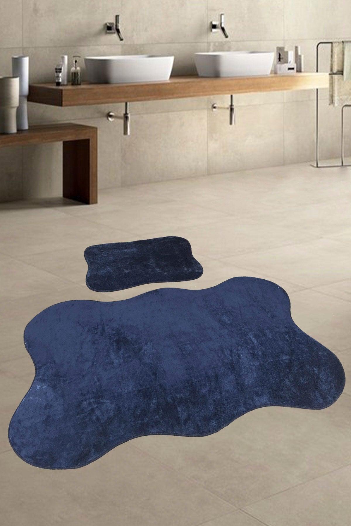 Anatolia 2-Pack Dark Blue 80x140 50x70 Cm Large Size Bath Mat Set Non-Slip Toilet Seat Set - Swordslife