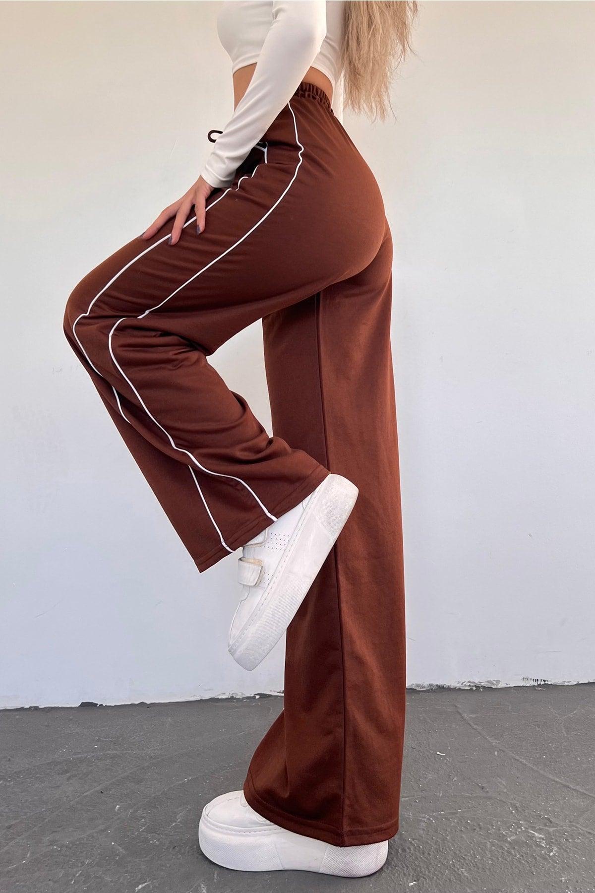 Women's Brown Wide Leg Two Yarn Elastic Waist Sweatpants - Swordslife