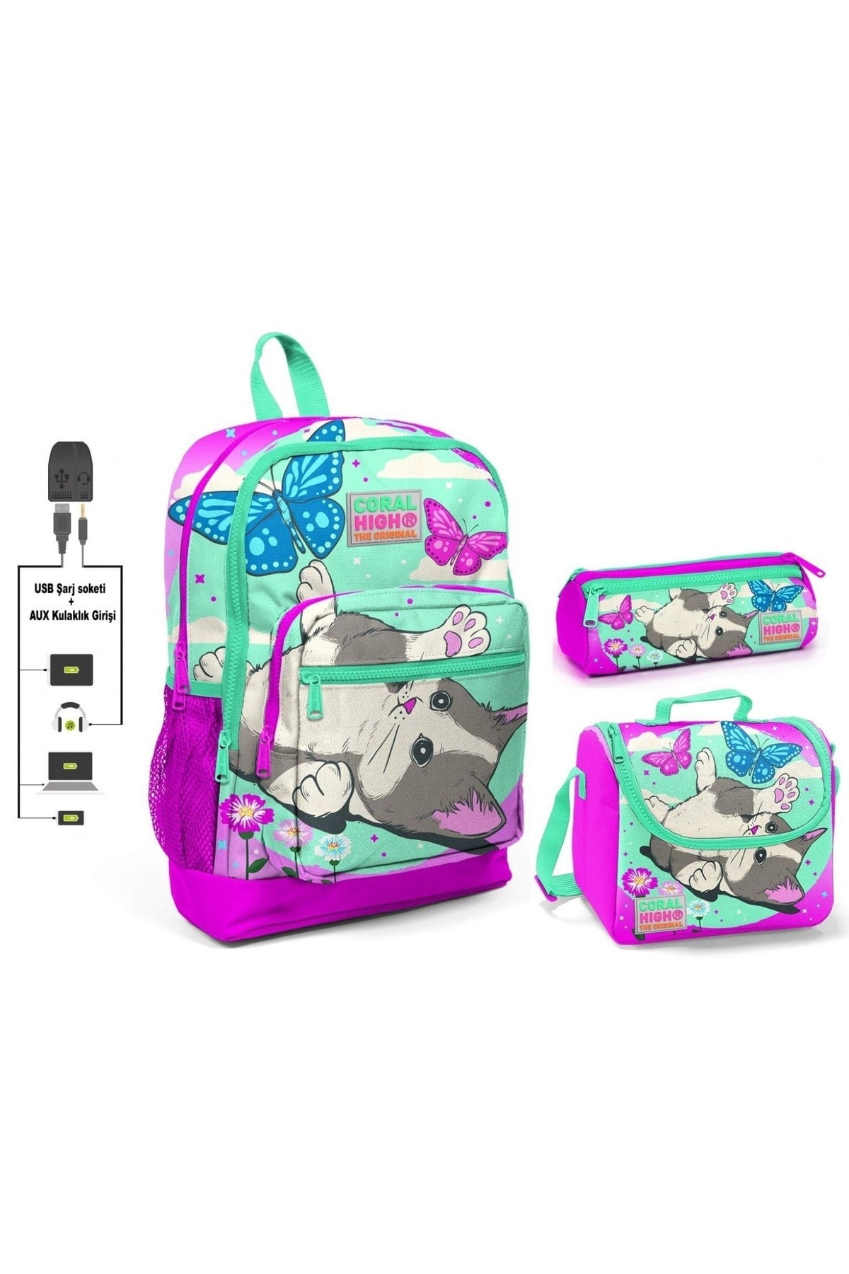 Cute Cat And Butterfly Girls Primary School Bag Set - Usb Output