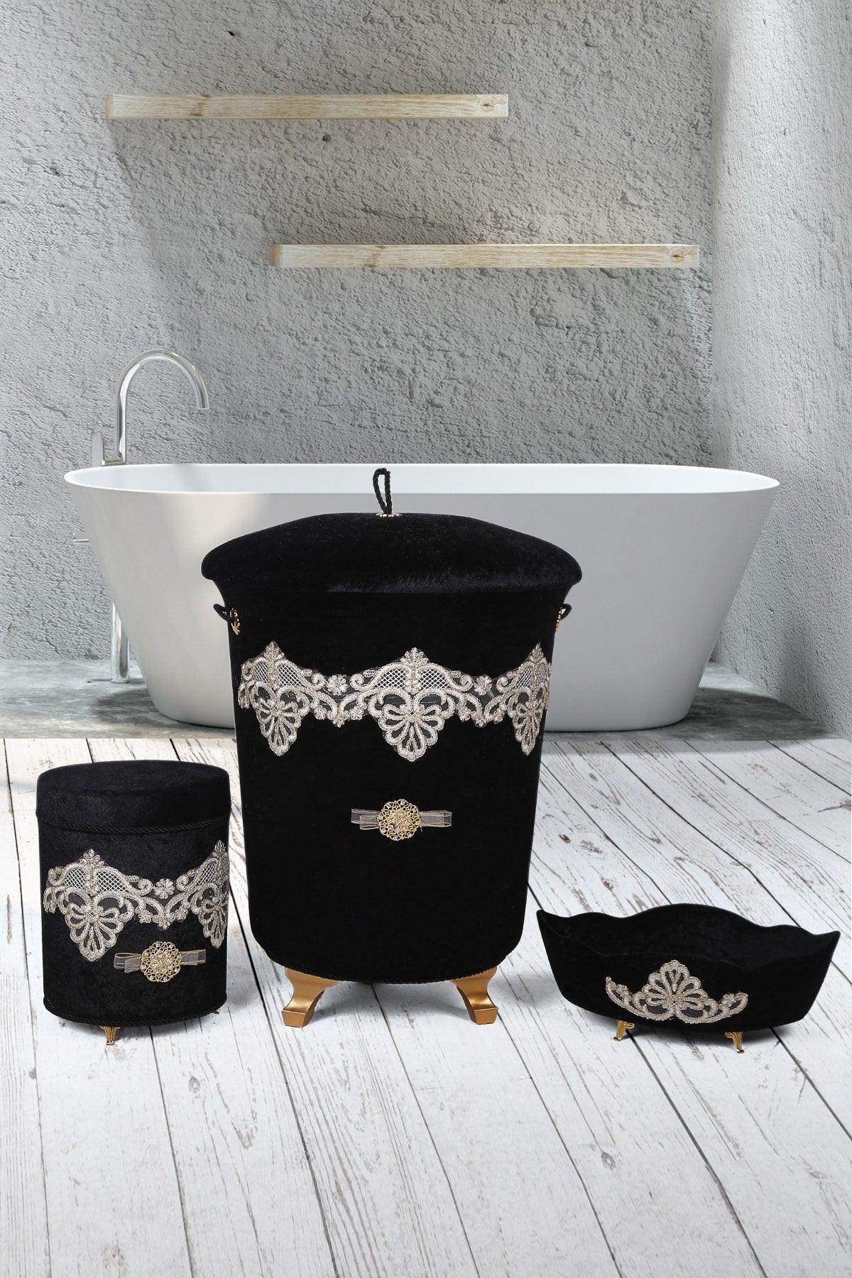 Golden Black 3 Piece Velvet Dowry Lacy Bathroom Dirty Laundry Basket Set - Swordslife