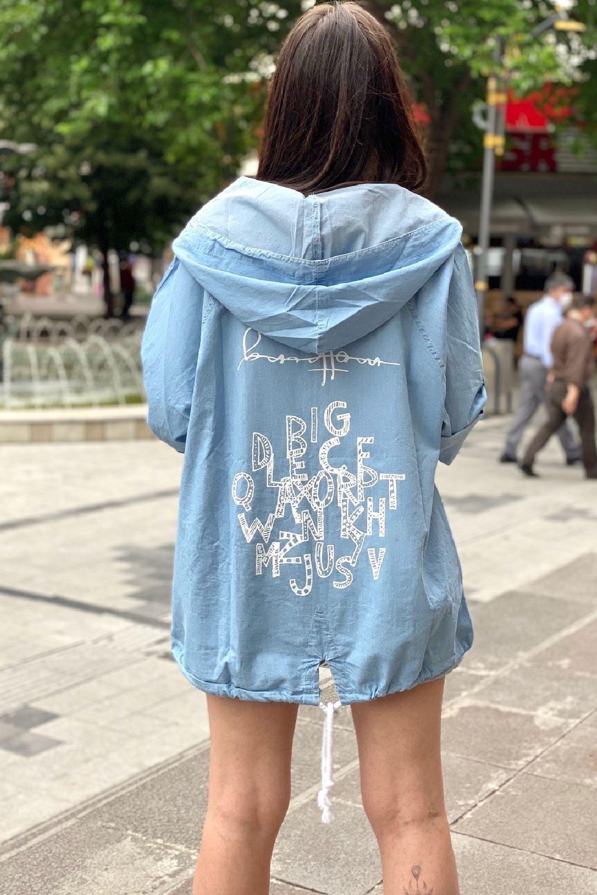 Back Printed Letter Hooded Denim Jacket - Swordslife