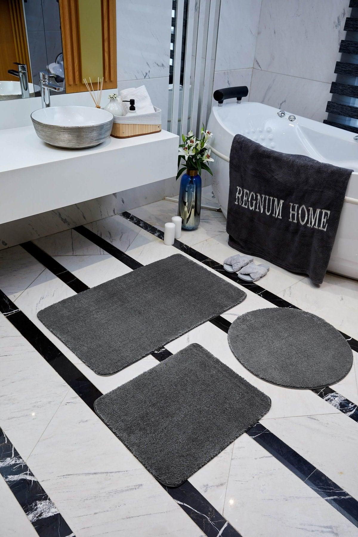 Bath Mat Triple Set Anthracite Color Plush Non-Slip Base Washable 60x100 - 60x40 - 60x60 - Swordslife