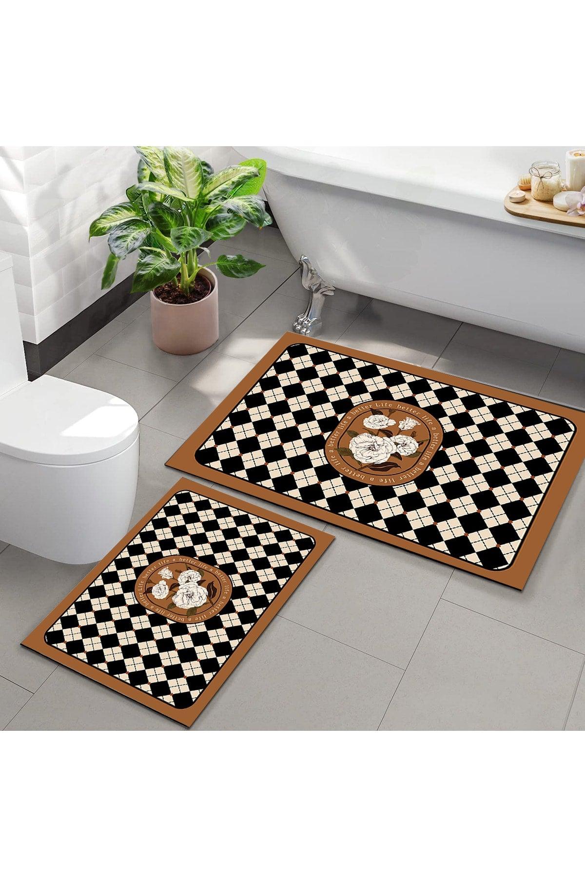 Else Decor Brown Floral Patterned Washable Non-Slip Floor 2 Bathroom Carpet Doormat Closet Set - Swordslife