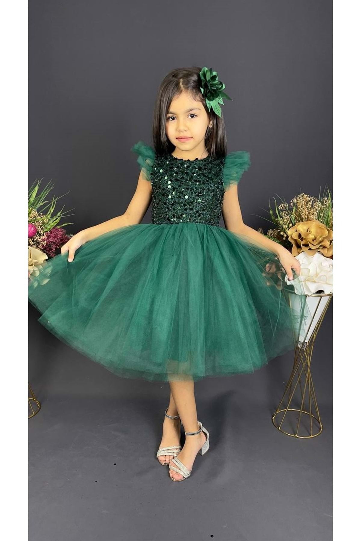 Earring Sequin Sequin Tulle Girl Child Dress MNK0526 GREEN