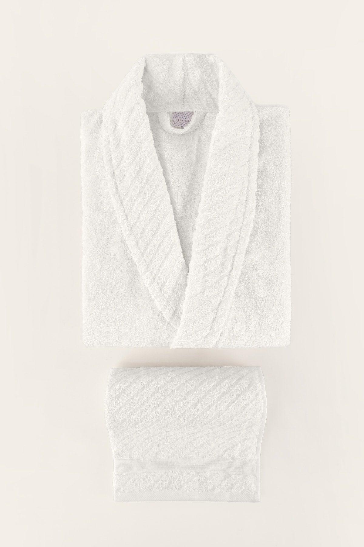 Lycian White Bathrobe Set 2 Pcs Set 1 Bathrobe 1 Towel Soft Cotton Bathrobe Hand Face Towel Bath 1054a - Swordslife