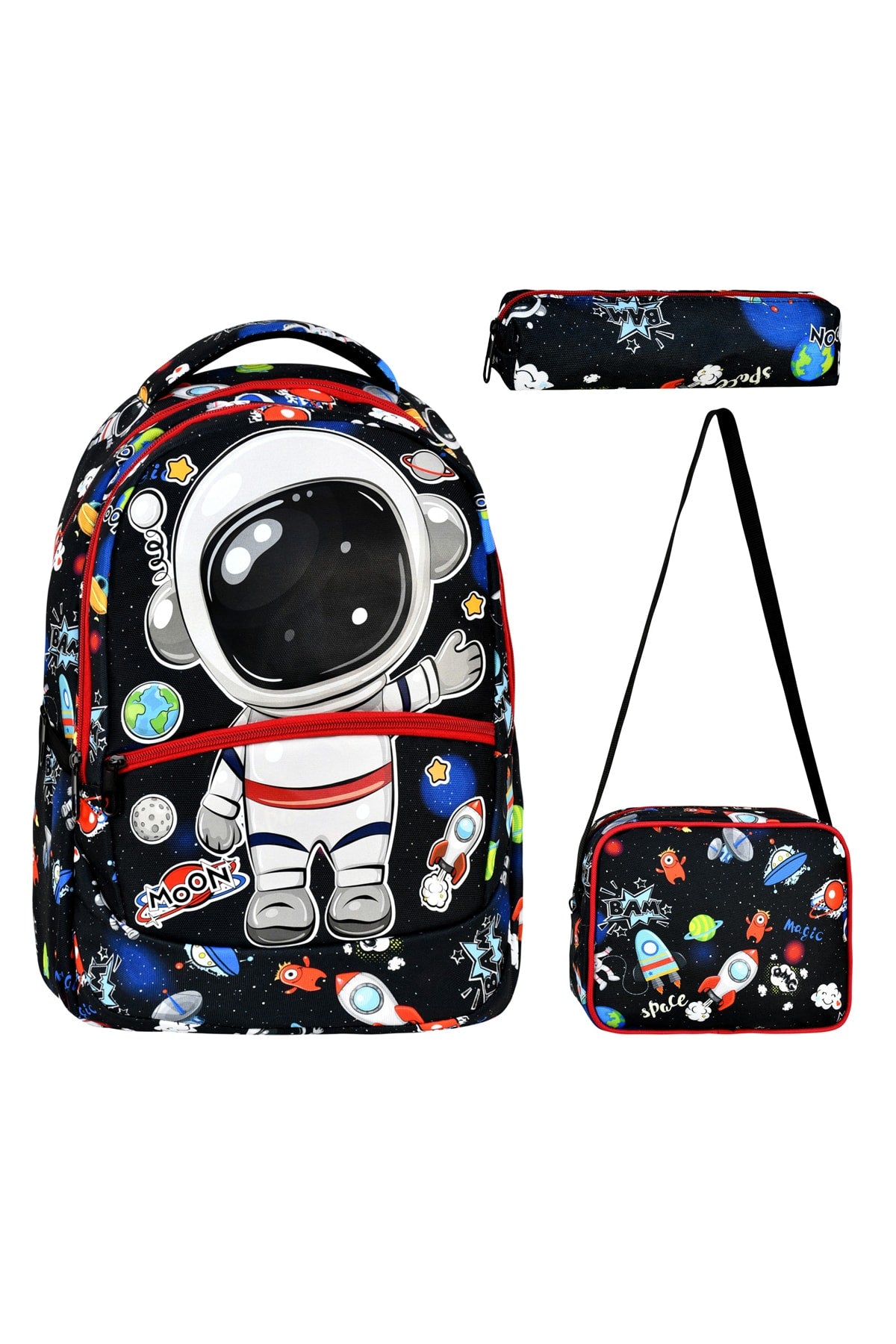 3-pack Elementary School Astronaut Patterned School Bag with Food and Pencil Holder for Boys