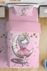 3D Pink Moon Sitting Princess Patterned Single Baby Kids Duvet Cover Set