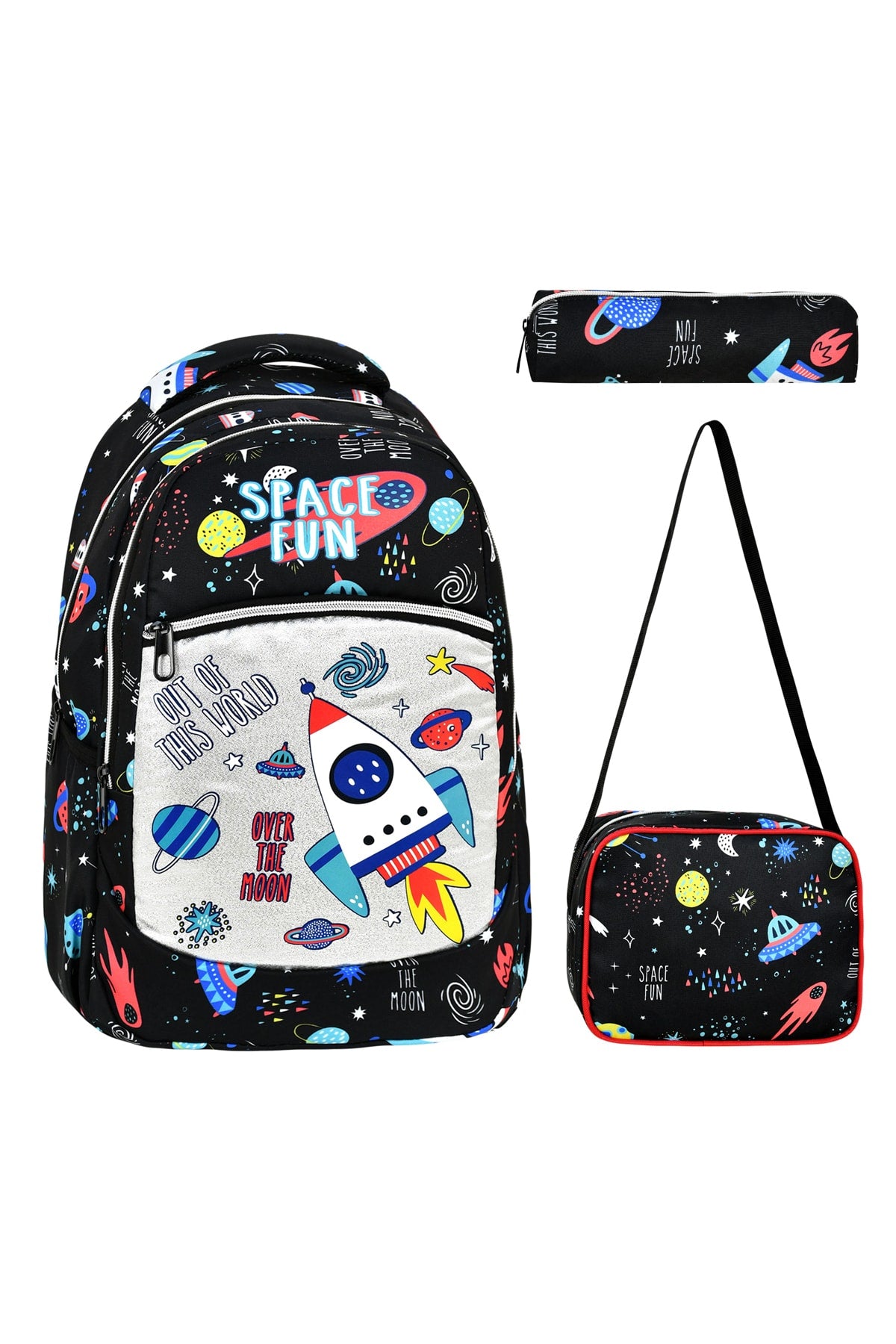 3-pack Elementary School Space Patterned, Waterproof School Bag with Food and Pencil Holder for Boys
