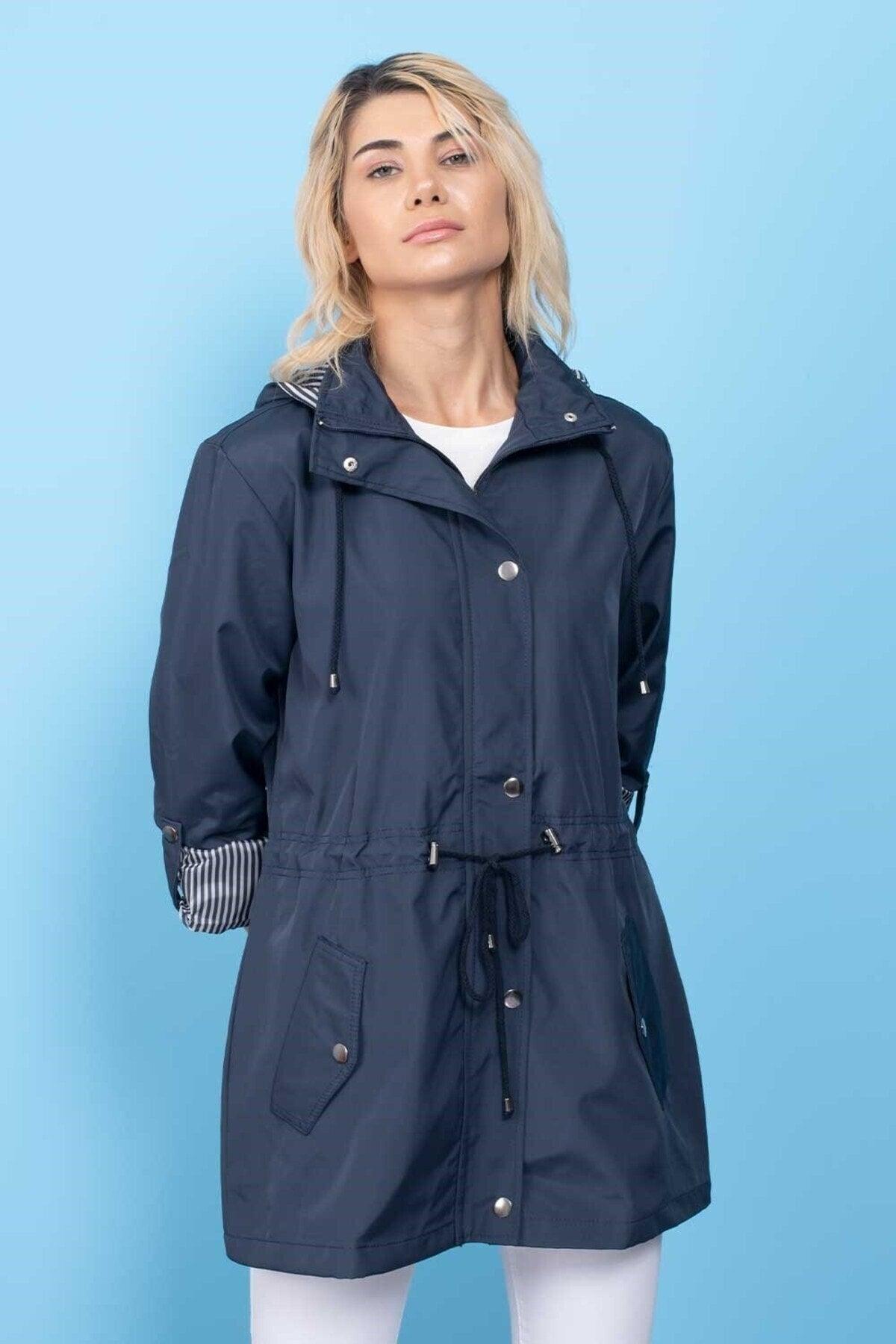 Women's Navy Blue Hooded Seasonal Coat - Swordslife