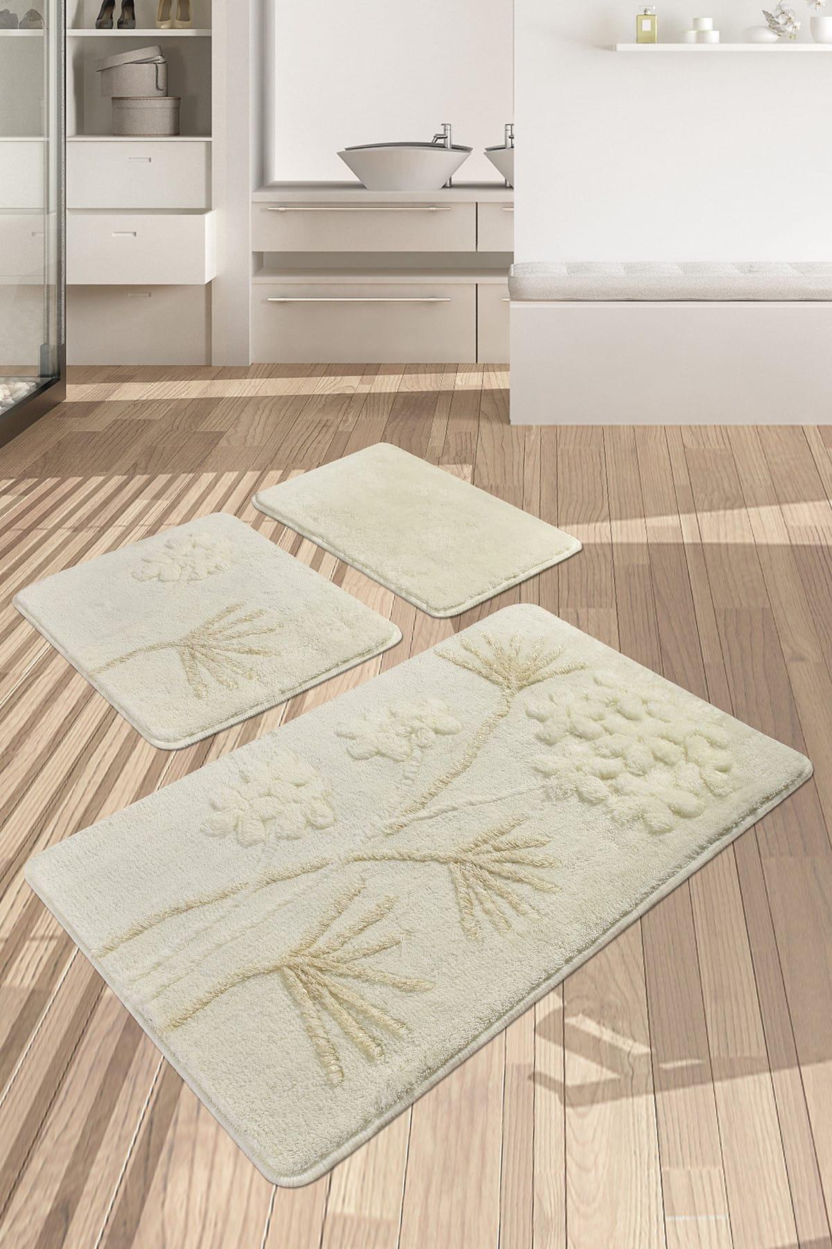 Orkide Ecru Set of 3 Bathroom Carpet Washable, Non-Slip Base - Swordslife