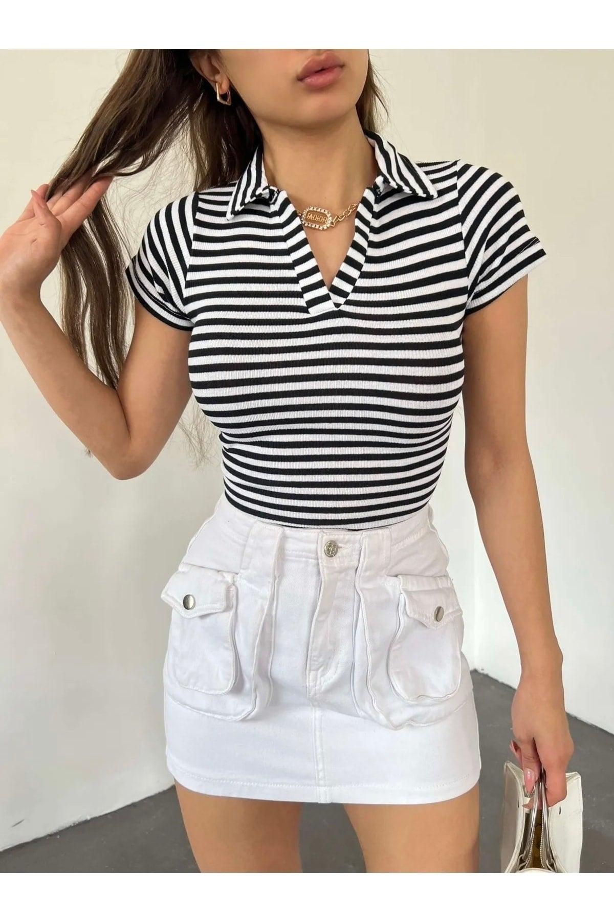 Fitted/fitting Polo Neck Short Sleeve Striped Camisole Crop Blouse Black White - Swordslife
